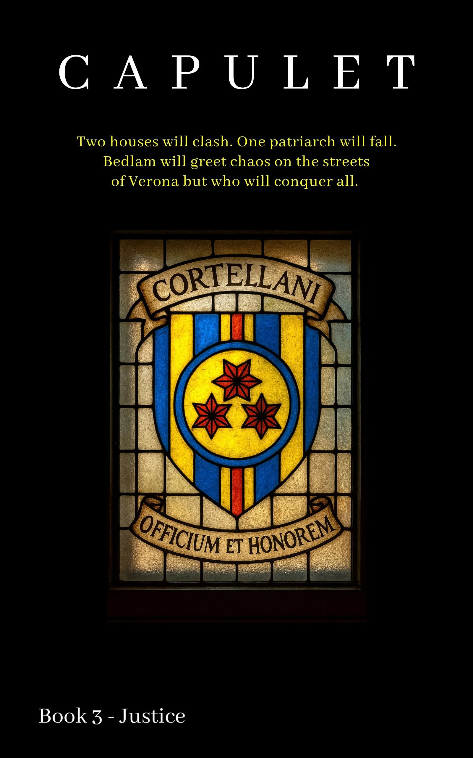 CAPULET Book 3 – Justice rear cover featuring the stained-glass Cortellani crest and motto, Duty and Honour.