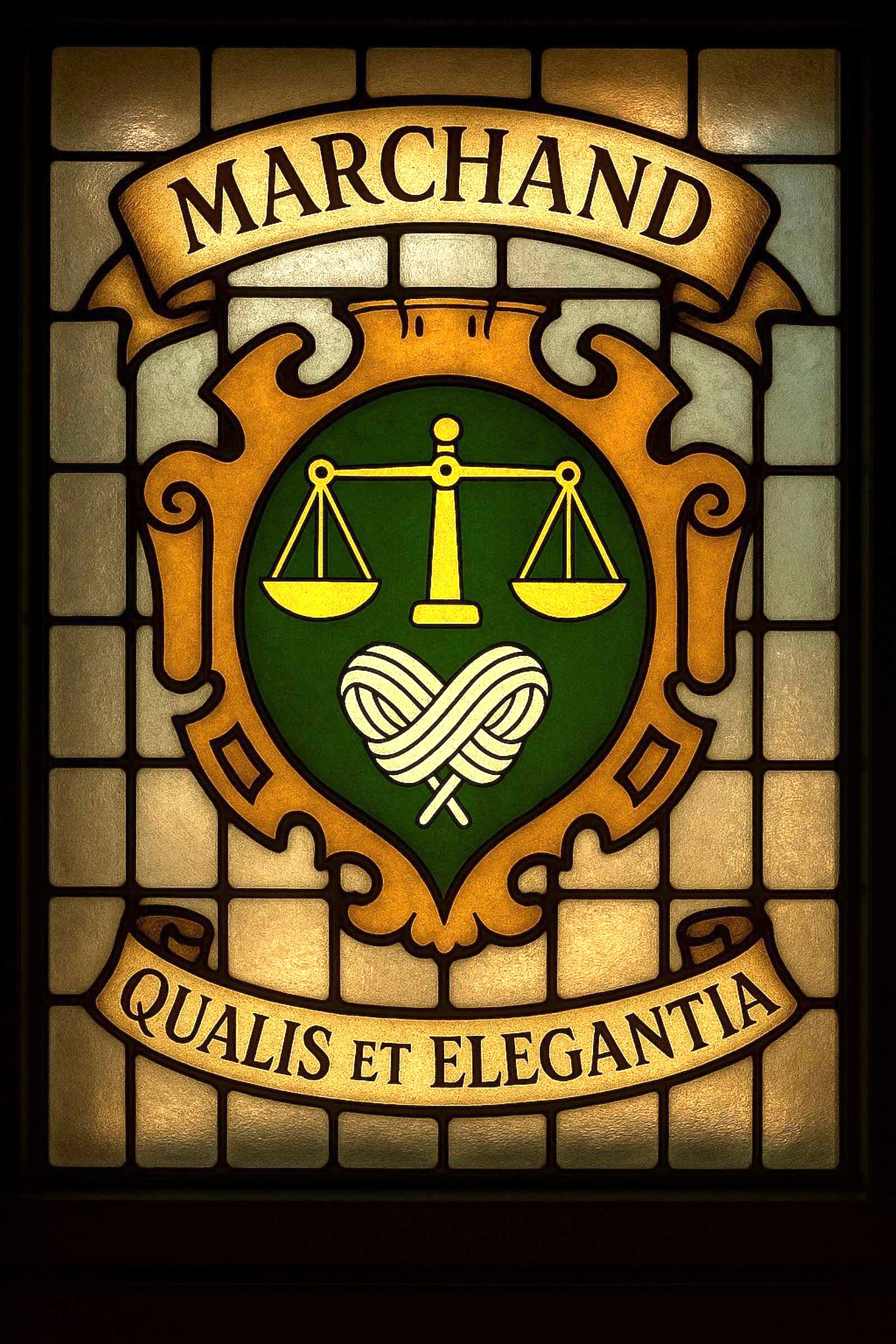 Stained-glass crest of Ilaria’s Marchand merchant family, featuring trade scales and a skein of yarn on a green field, with the motto Quality and Elegance.