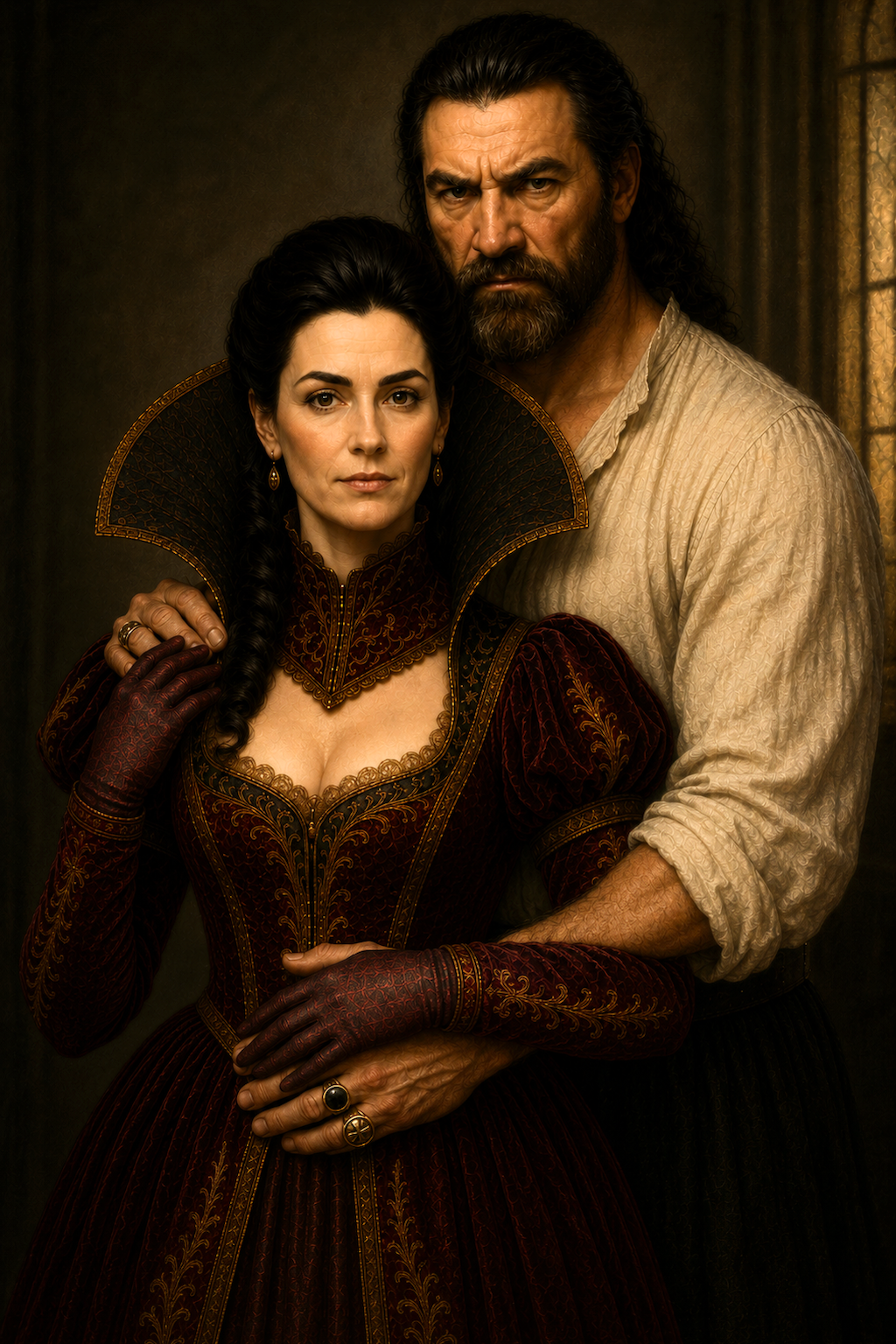 Portrait of Onorato and Esmeralda Montecchi together in a painterly fifteenth-century portrait.