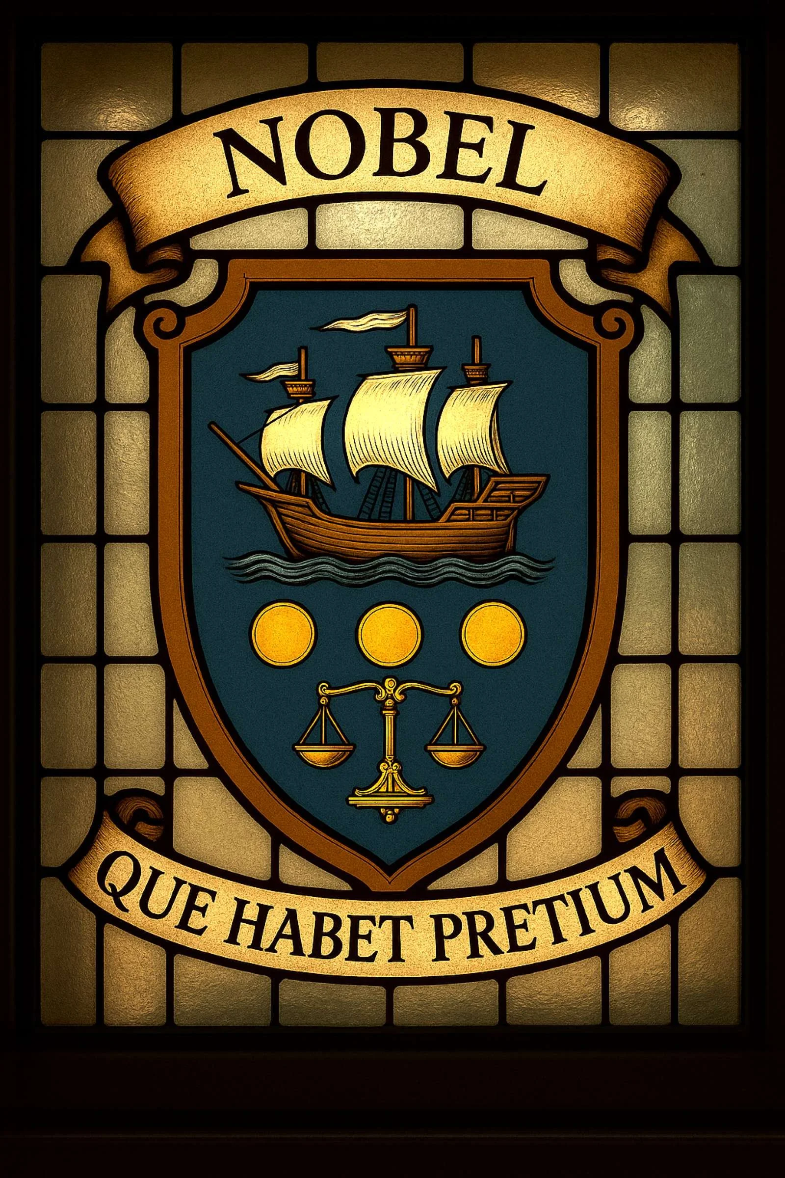 Stained-glass crest of Auguste Nobel’s merchant family, featuring a trading ship, gold coins and scales on a blue field, with the motto What Has Value.