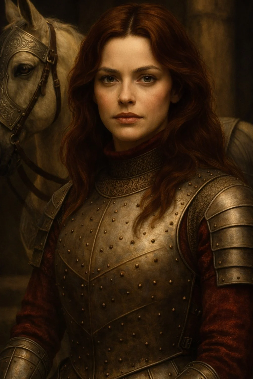 Eloise du Marche, a Gothic heroine in early Renaissance France, stands beside her white stallion Papillion.