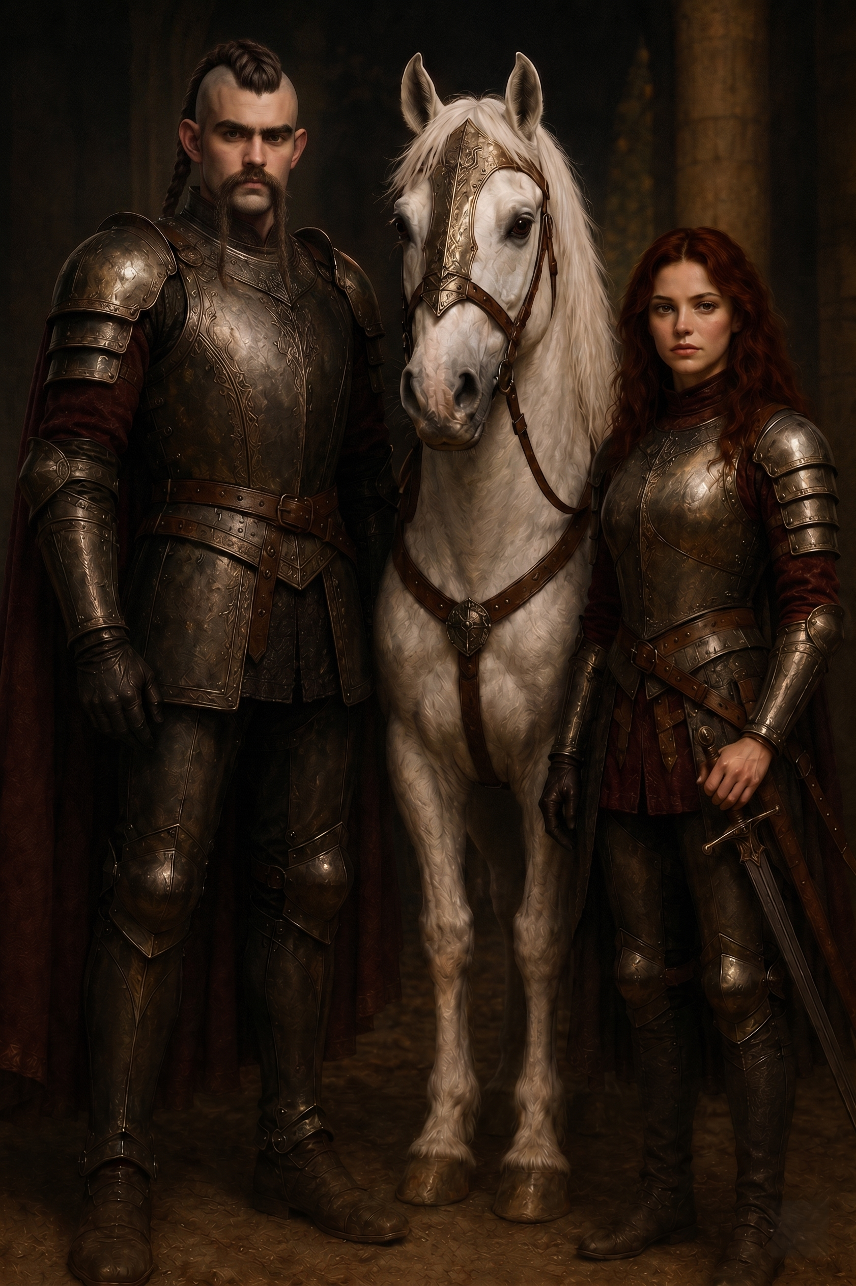 Eloise du Marche and the giant Lithuanian warrior Caspar von Ludolf in armour beside the white mare Papillion at Saint-Lô.