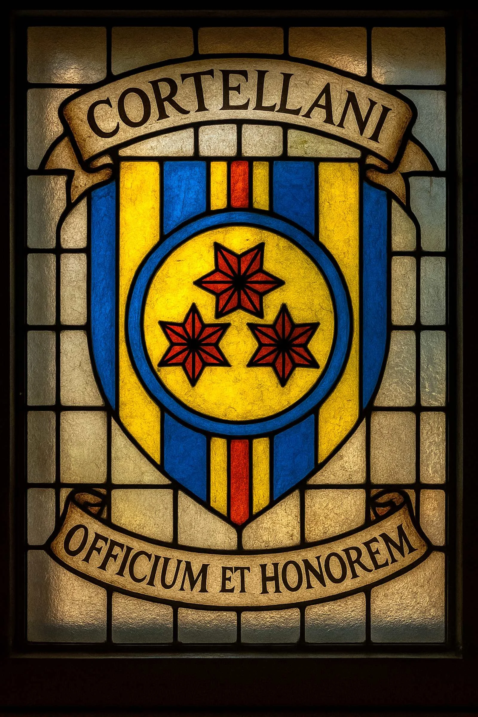 Stained-glass Cortellani family crest featuring three red stars on a gold shield over blue, gold and red fields, with the motto Duty and Honour.