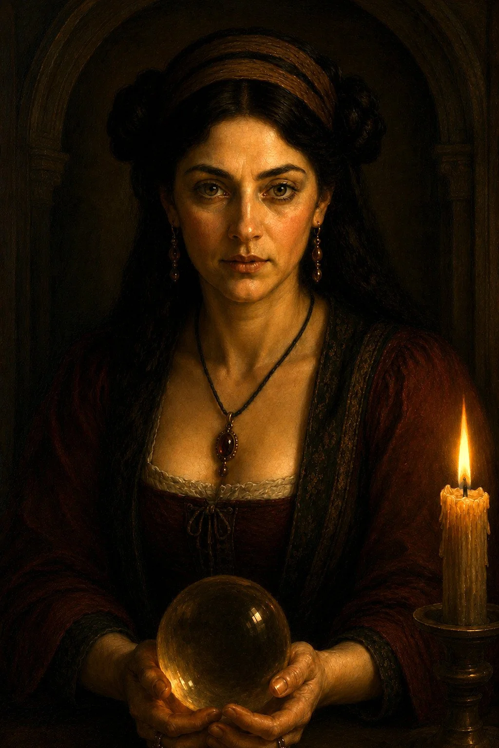 Portrait of Madame Fleance, the enigmatic Black Sea fortune teller whose prophecies shape pivotal moments in the CAPULET Series.
