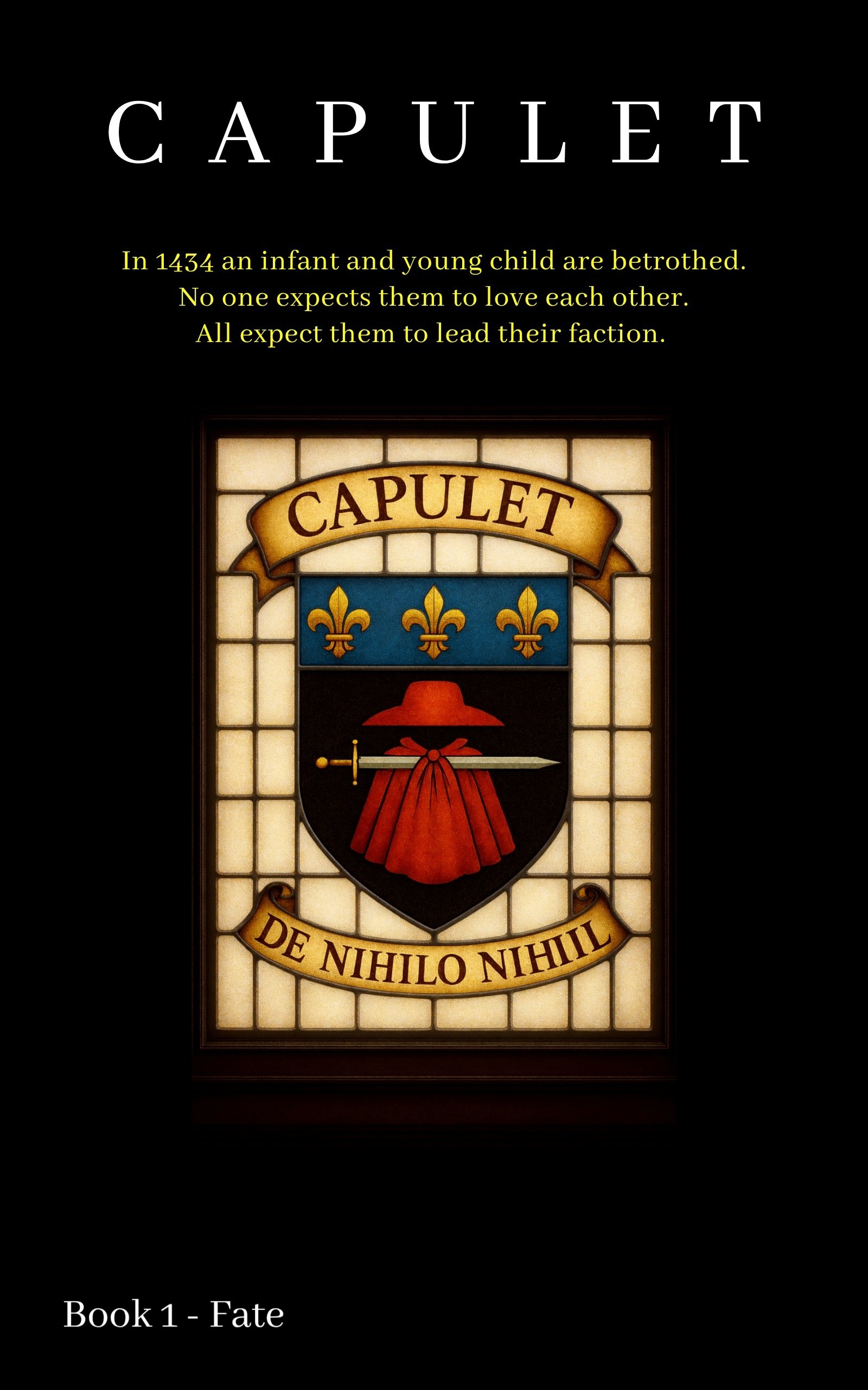 Capulet crest and the motto Cower to None on the rear cover of CAPULET Book 1 – Fate.