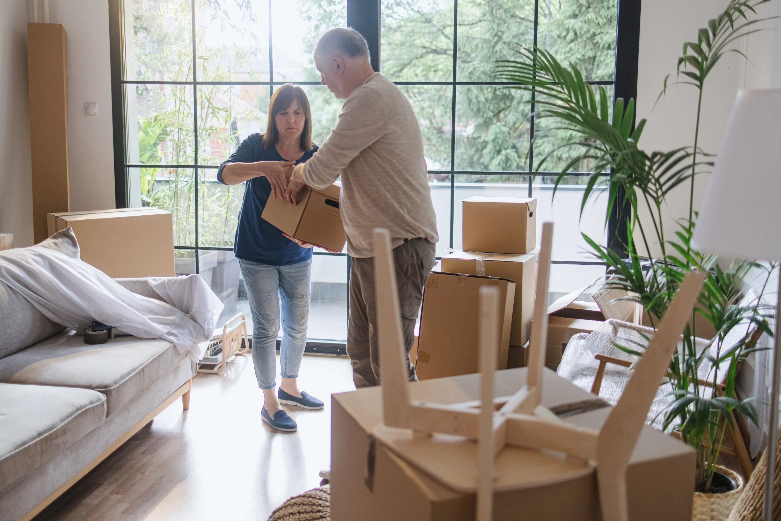 Two people unpacking moving boxes inside a living room with large window and green plants.