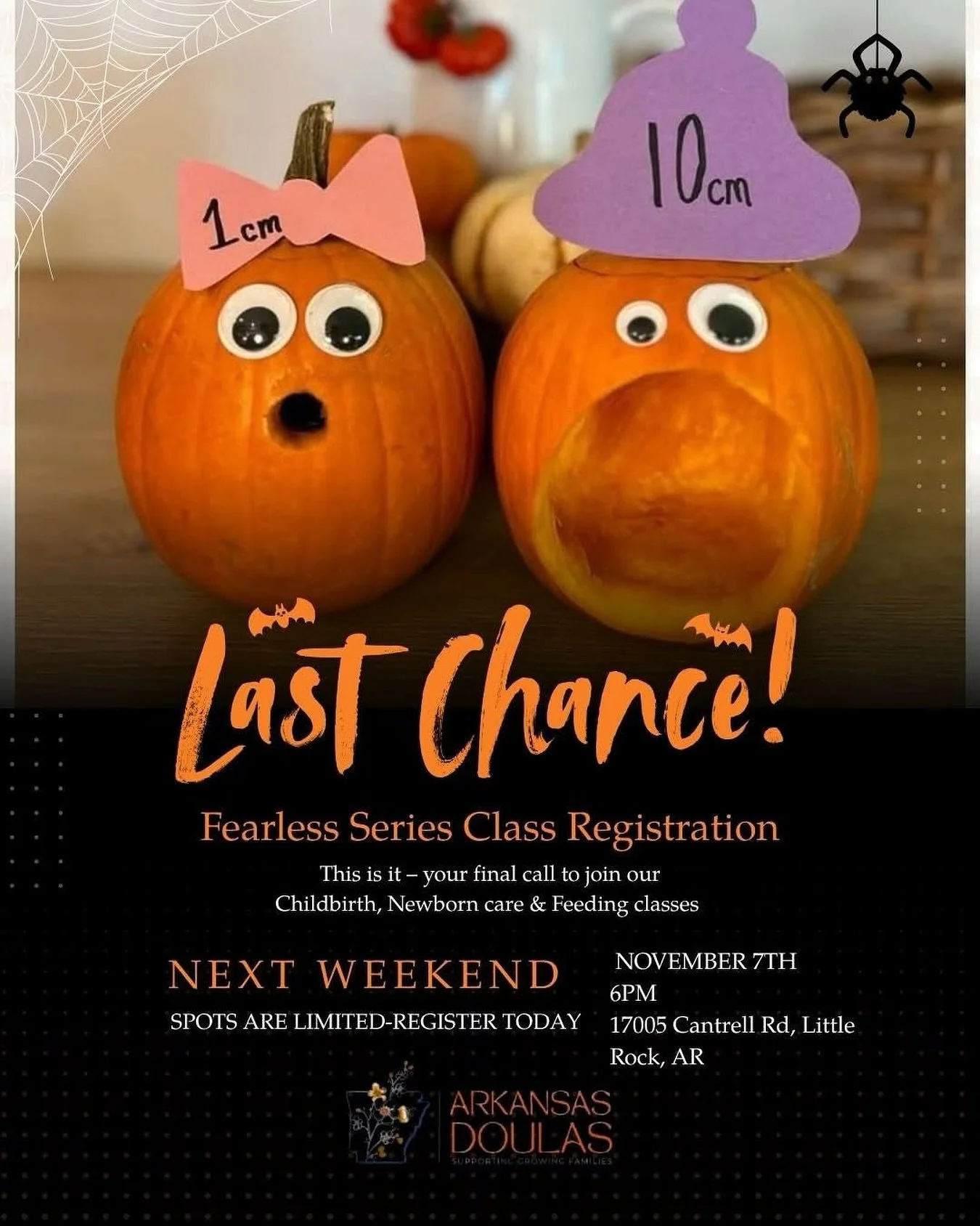 Happy Halloween from Arkansas Doulas! 🎃 Don&rsquo;t let approaching parenthood be a &ldquo;spooky&rdquo; experience &ndash; our Fearless Series classes are here to banish those ghoulish anxieties!

This is your last chance to register for our Novemb