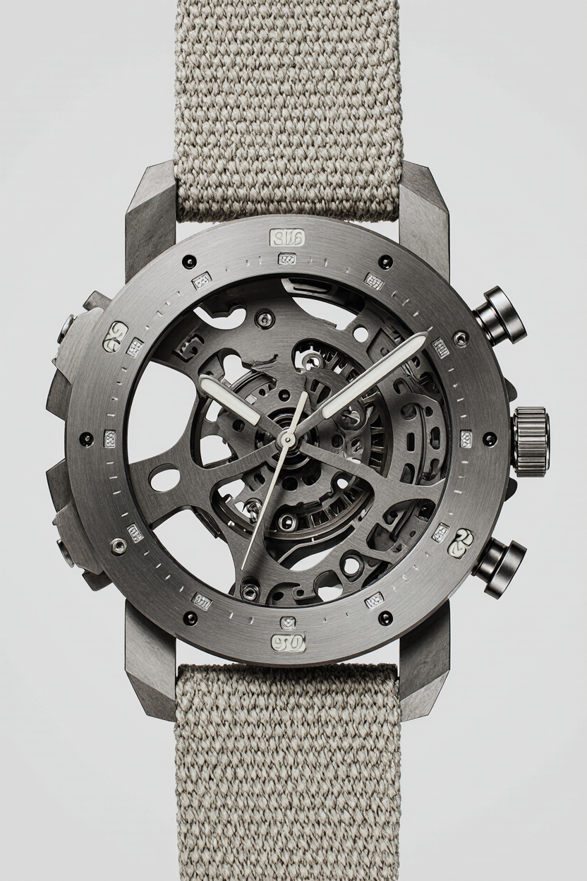 A silver skeleton watch with a beige fabric strap showing the inner mechanical watch components.