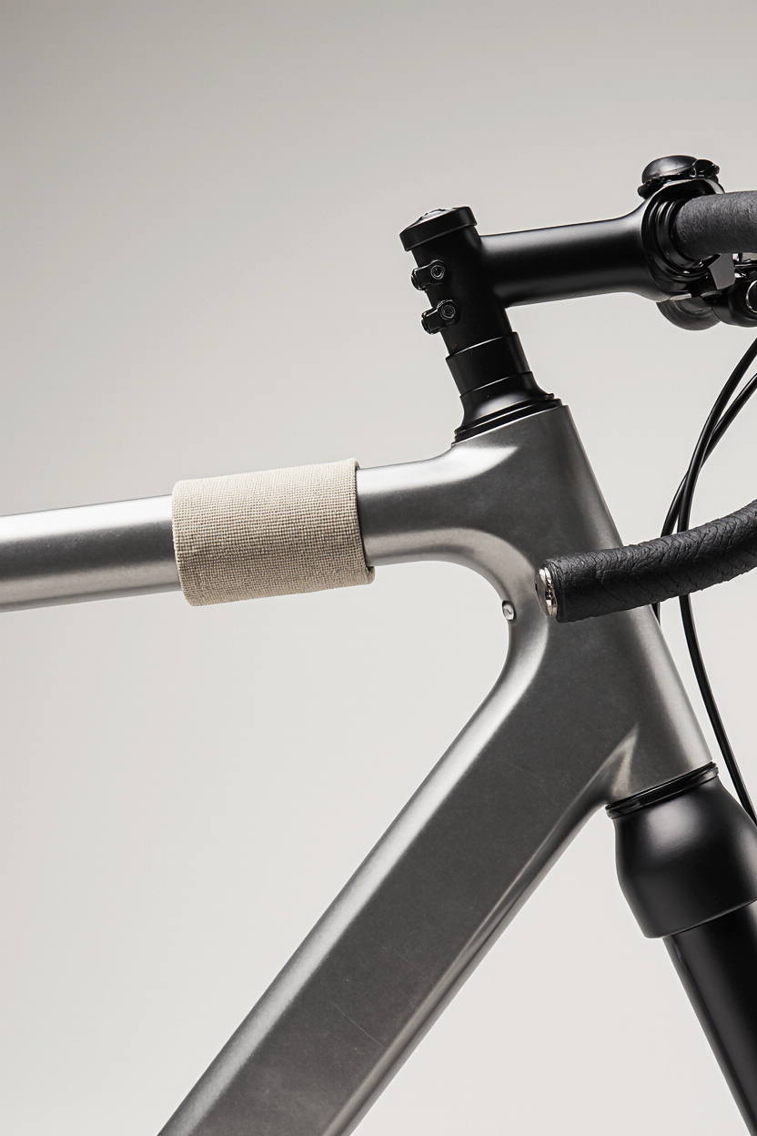 Close-up of the front part of a modern bicycle, focusing on the handlebar, stem, and frame, with a neutral background.