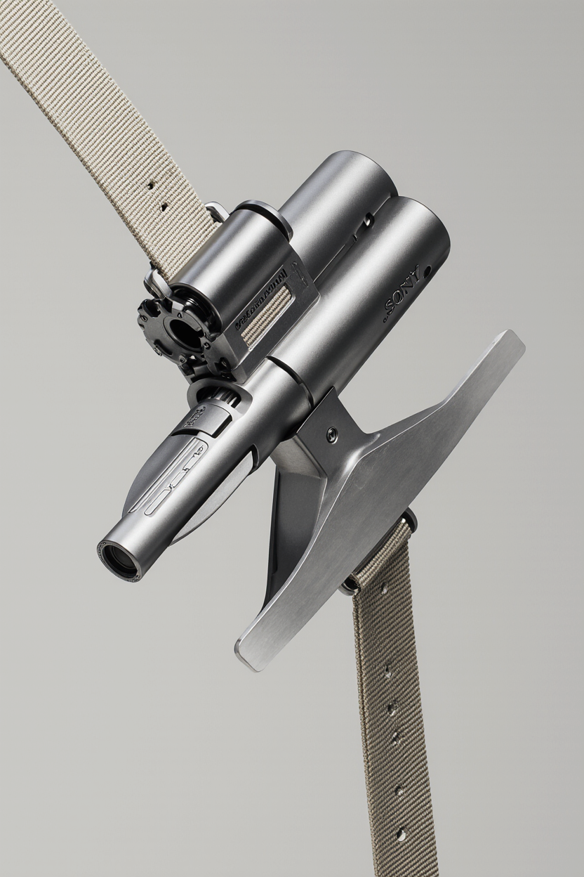 A futuristic weapon with a metallic barrel, attached to a strap, mounted on a stand against a plain background.