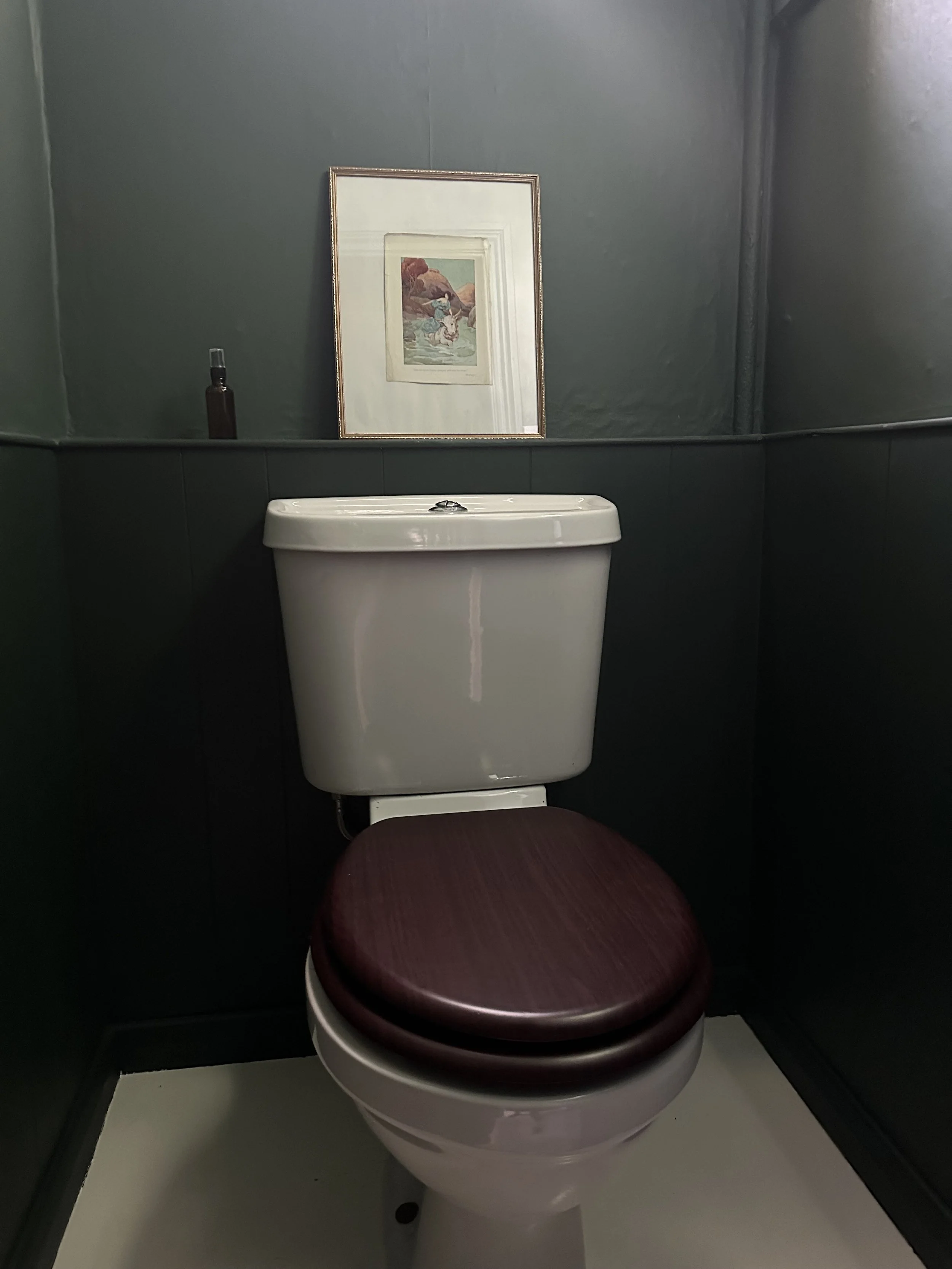 A small bathroom with dark green walls, a white toilet with a dark wooden seat, a framed picture on the wall above the toilet, and a small black bottle on the shelf.
