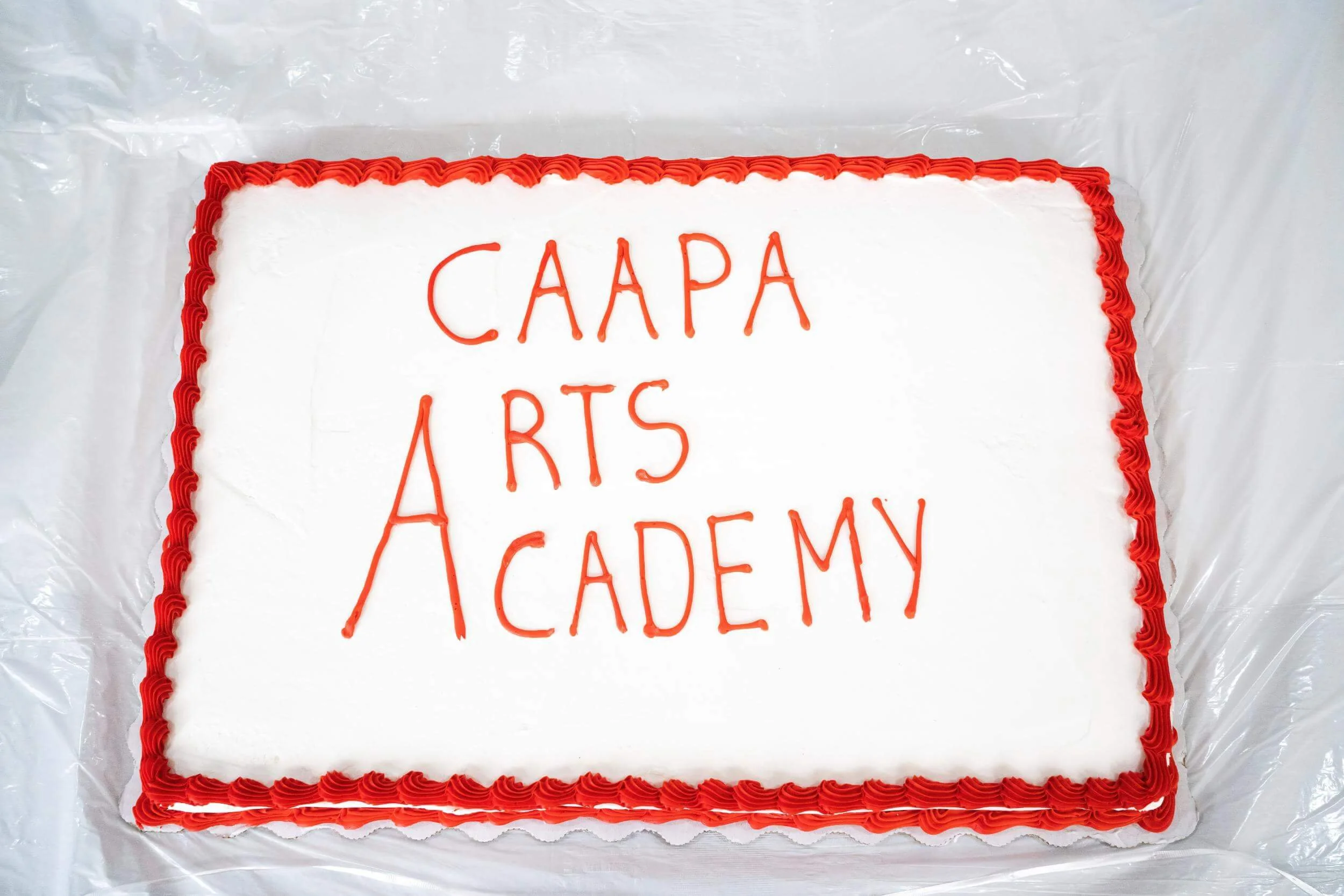 A rectangular white cake with a red border and red writing that says 'SAAPA ARTS ACADEMY'.
