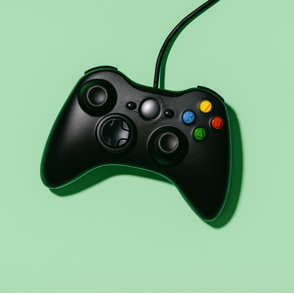 Black gaming controller with colorful buttons on a green background.