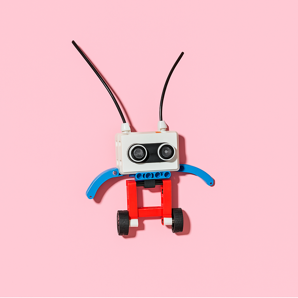 Robot made from building blocks on a pink background.