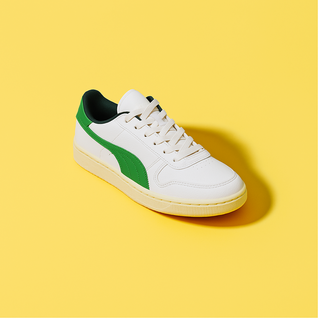 White sneaker with green accents on a yellow background