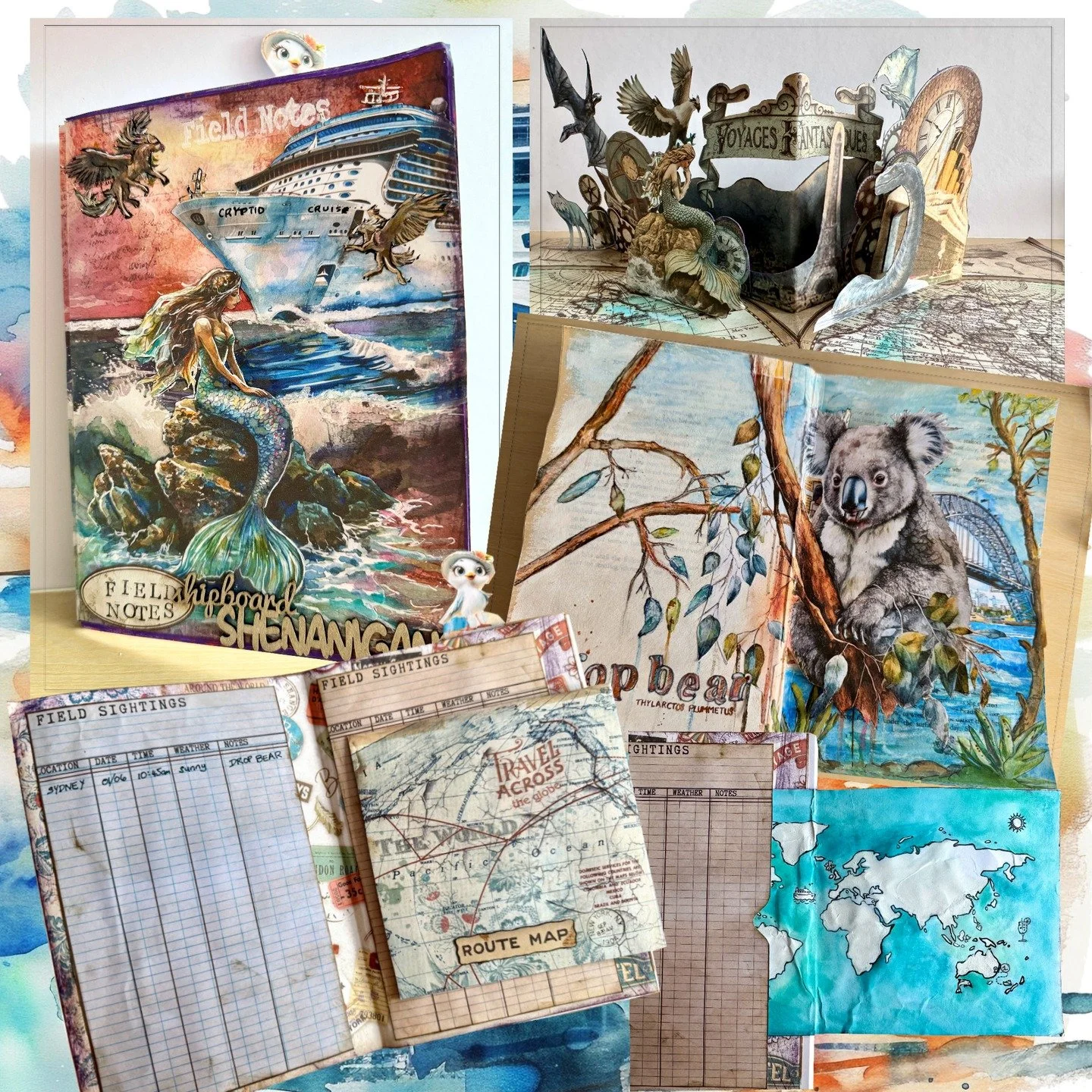 For a Facebook challenge I created a Cryptid Cruise. First port of Sydney, and I present a drop bear. The project combined several notebooks, the altered book journal. Combination of collage papers extended with watercolours. The dropbear is a fold-p