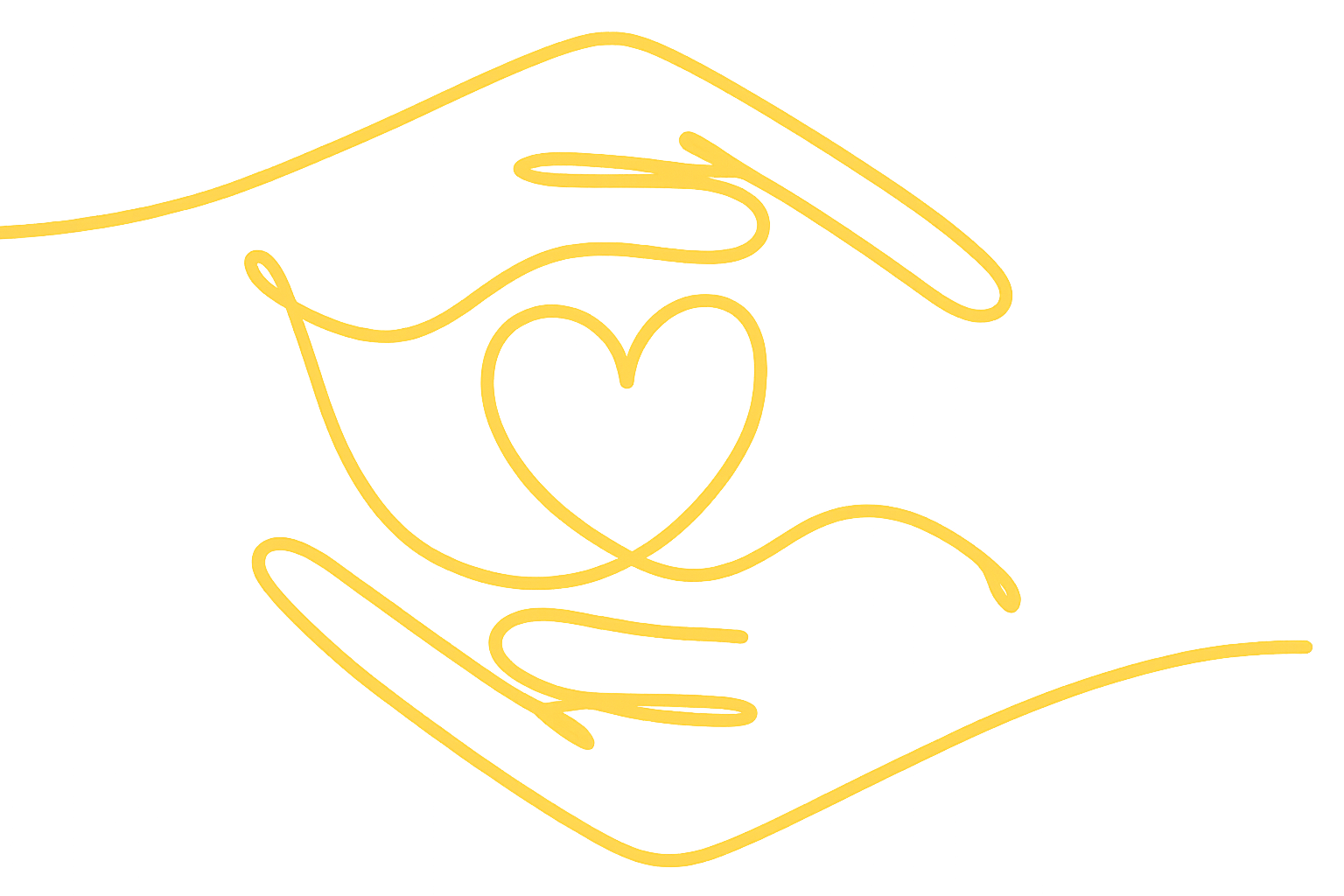 Une illustration en ligne jaune montrant deux mains protectrices entourant un cœur, symbolisant la protection et l'amour.