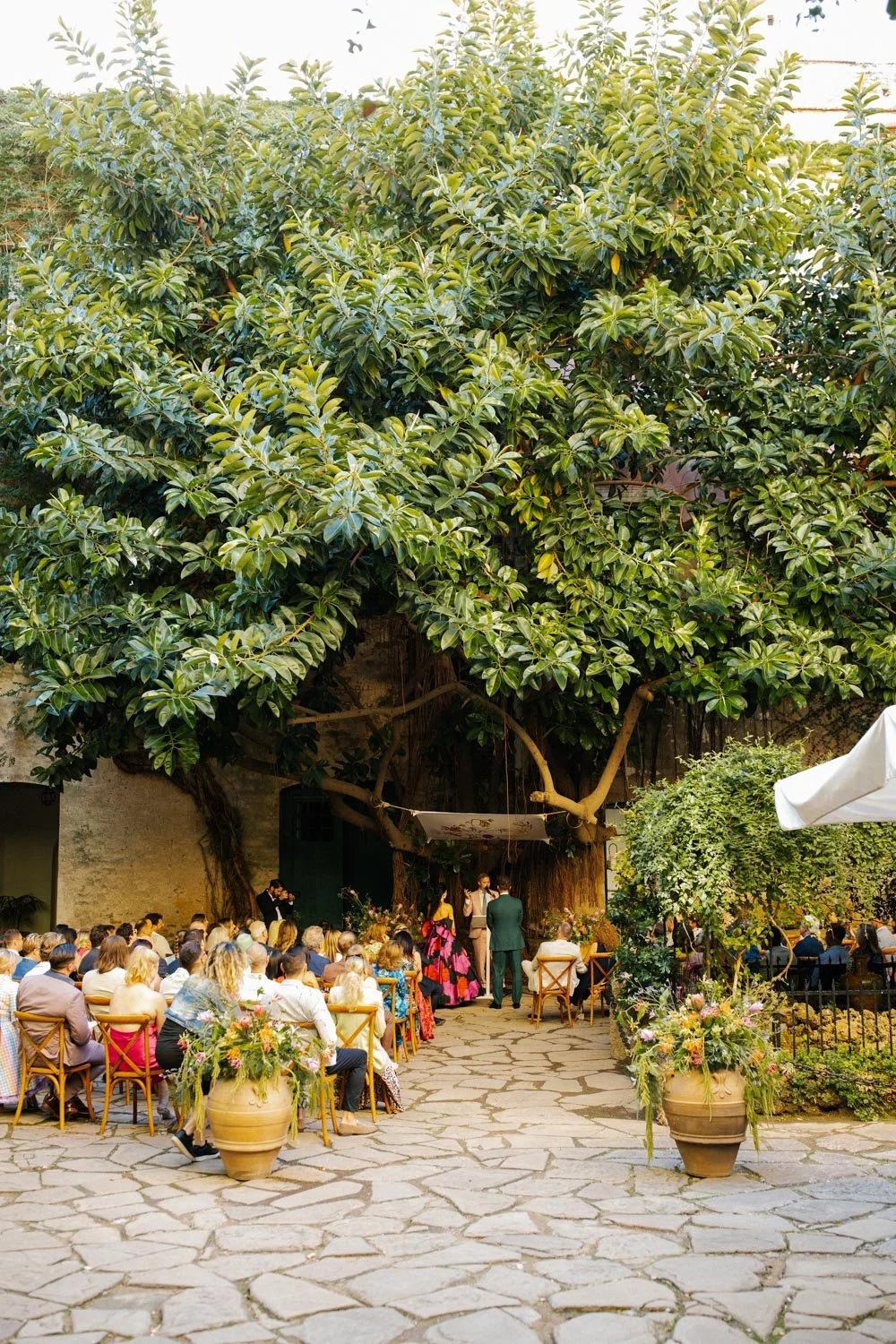 Folla di persone sedute in un cortile all'aperto sotto un grande albero, con decorazioni floreali, durante una cerimonia o un evento sociale.