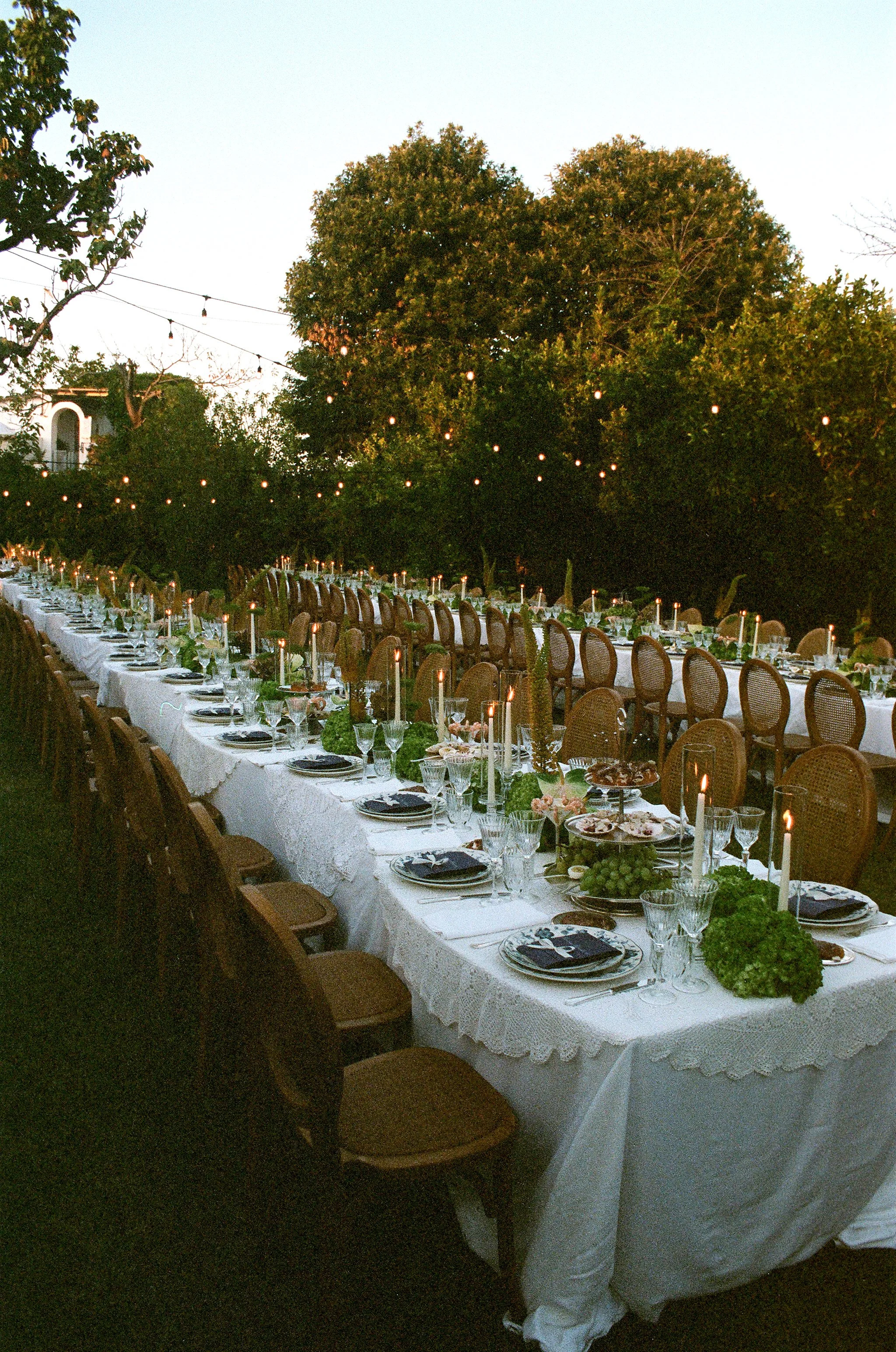 Tavola imbandita con candele, piatti, bicchieri e decorazioni verdi, preparata per un evento all'aperto con luci decorative tra gli alberi in un setting serale.