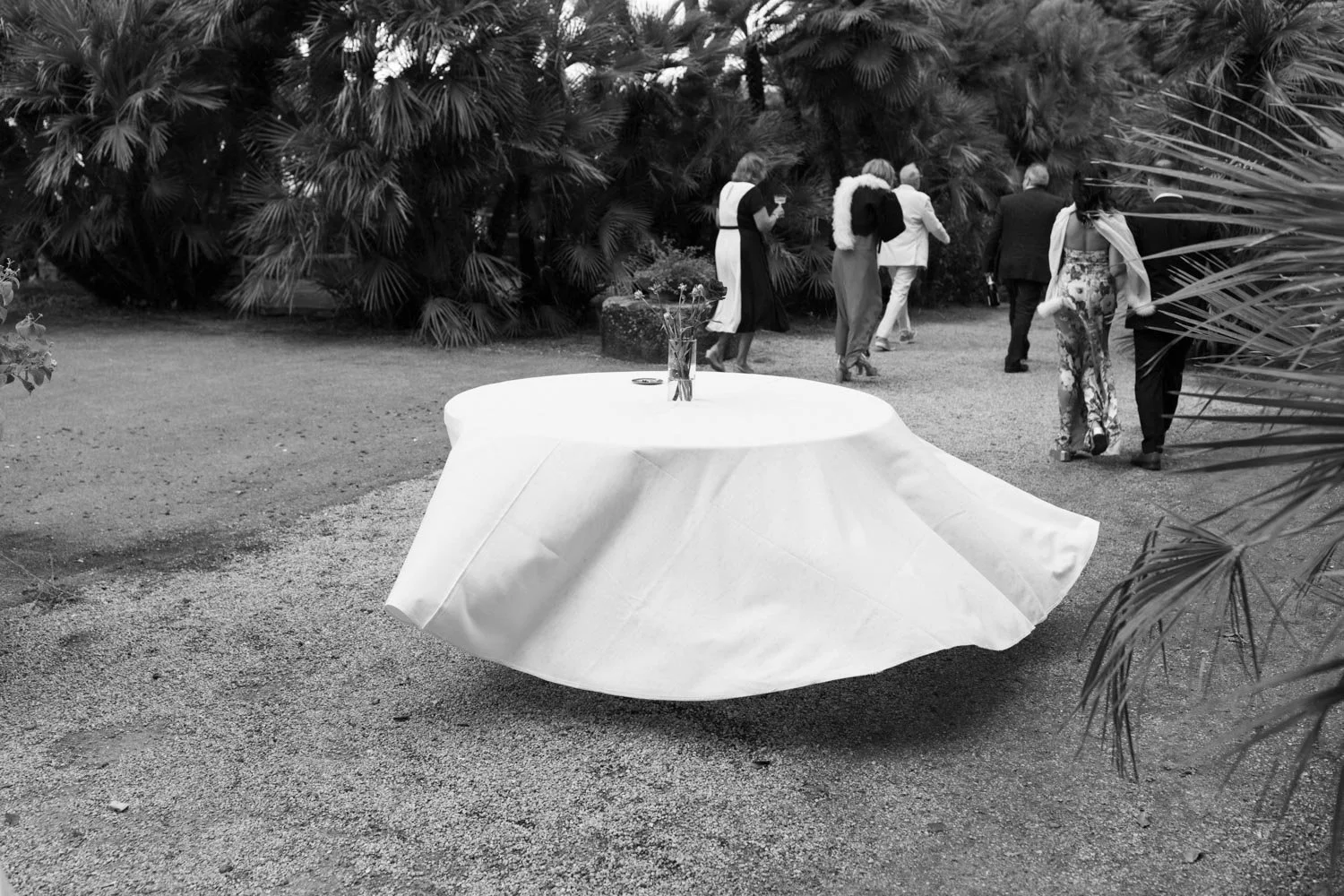Gruppo di persone vestite elegantemente che camminano in giardino con alberi e cespugli, accanto a un tavolo bianco con un vaso di fiori al centro.