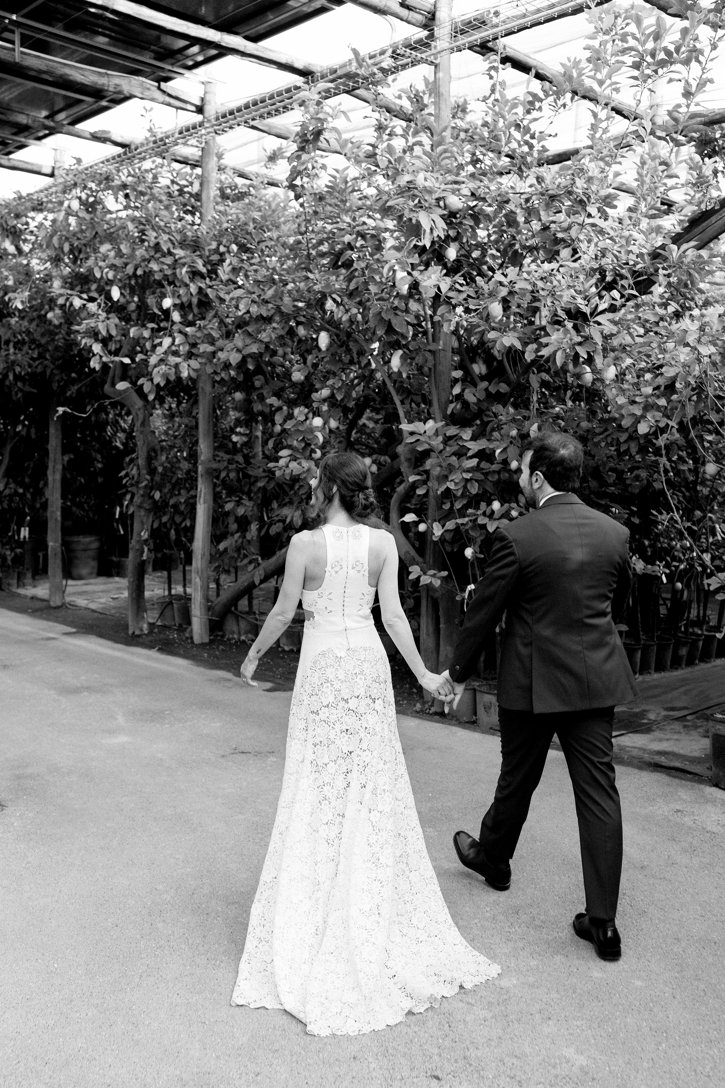 Una coppia di sposi cammina mano nella mano in un ambiente di serre o giardini, con piante di alberi da frutto sullo sfondo, in bianco e nero.