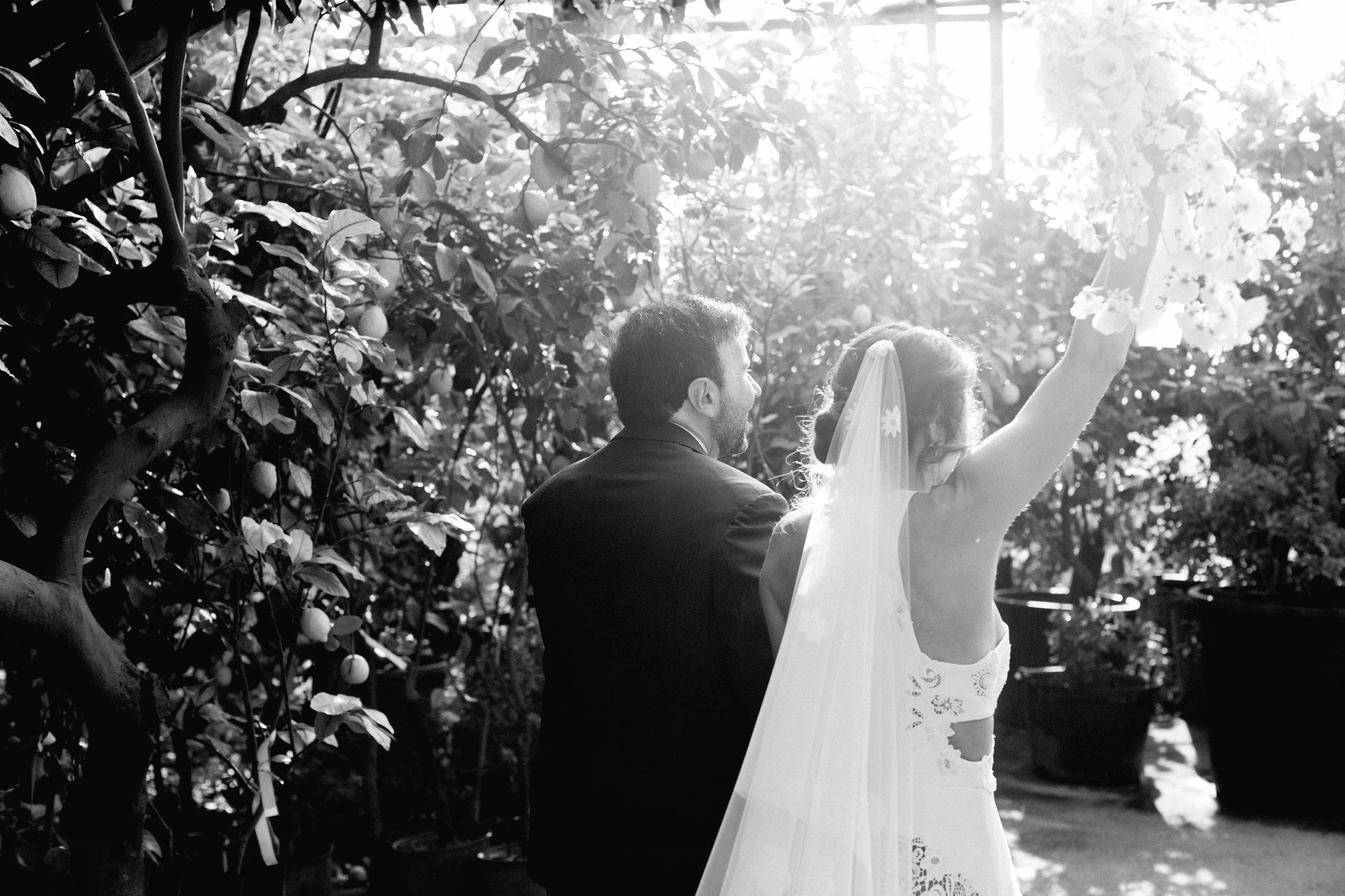 Un matrimonio con un uomo e una donna, con il volto visibile, si tiene per mano nel giardino con alberi e piante in fioritura, in un'immagine in bianco e nero.