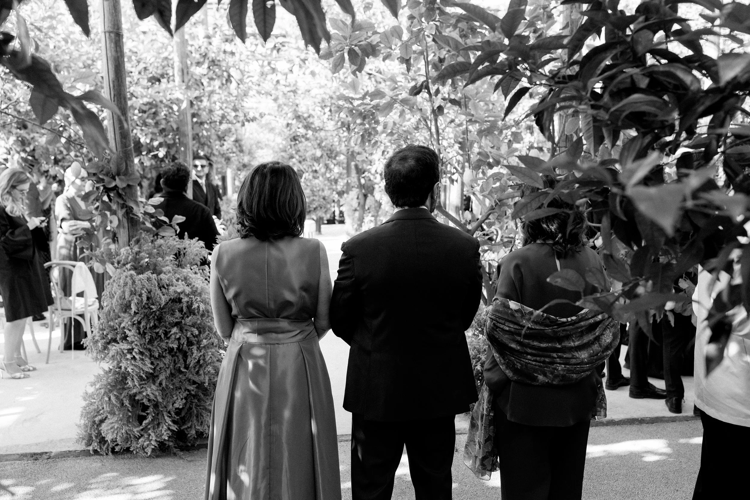 Persone che partecipano a un matrimonio in un giardino, viste da dietro. La scena è in bianco e nero.