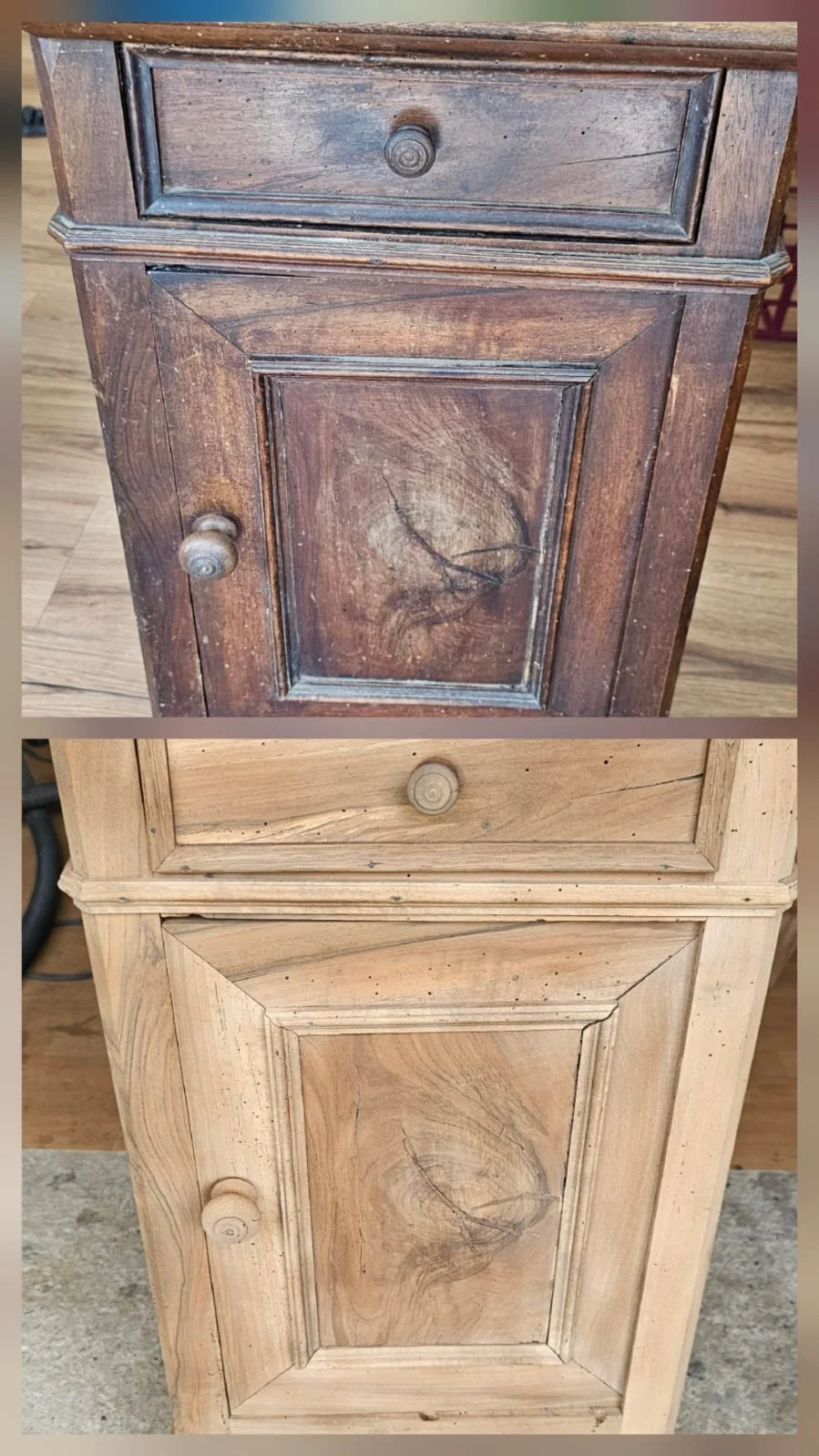 Comparaison de deux meubles en bois, un ancien et un restauré, montrant la transformation de la surface avec stockage d'une porte à deux tiroirs.