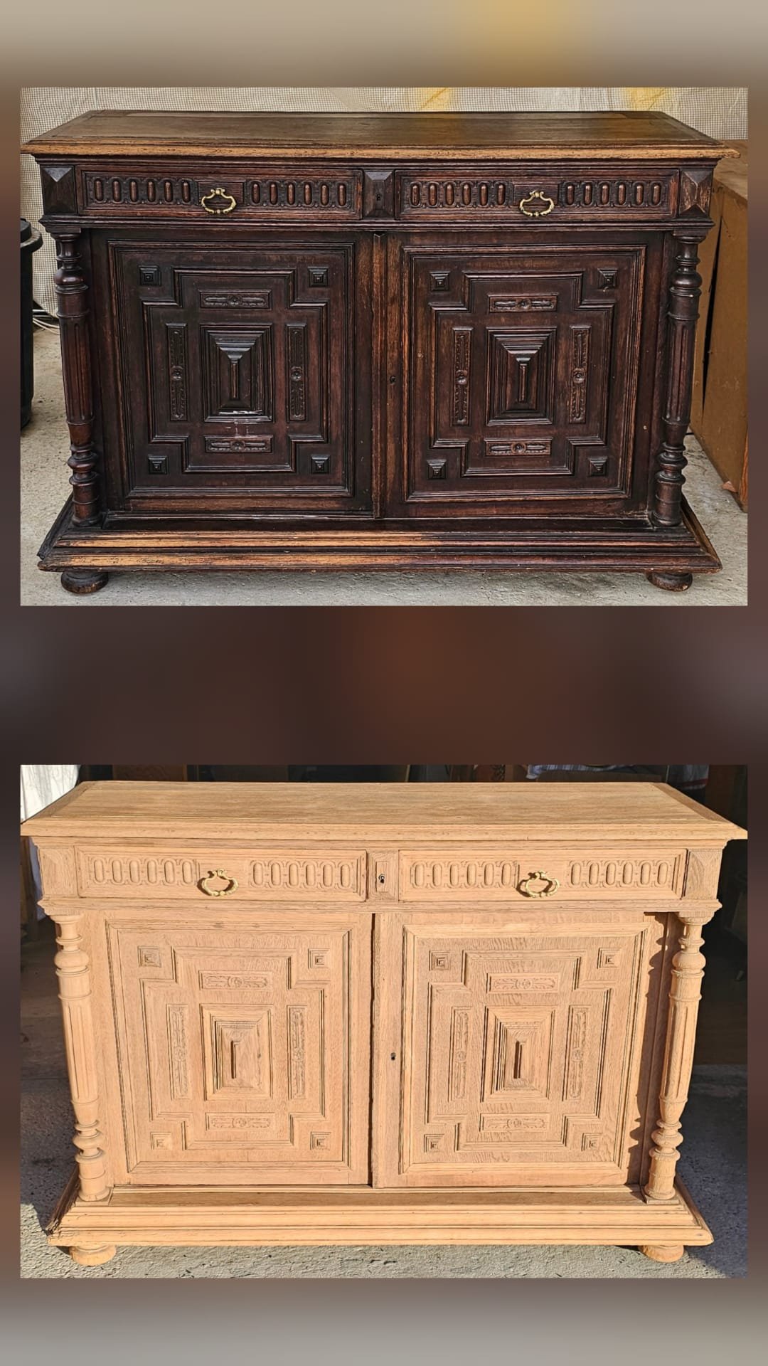 Deux meubles en bois, un en bois foncé en haut et un en bois clair en bas, avec des détails sculptés, des tiroirs et des portes, dans un style traditionnel.