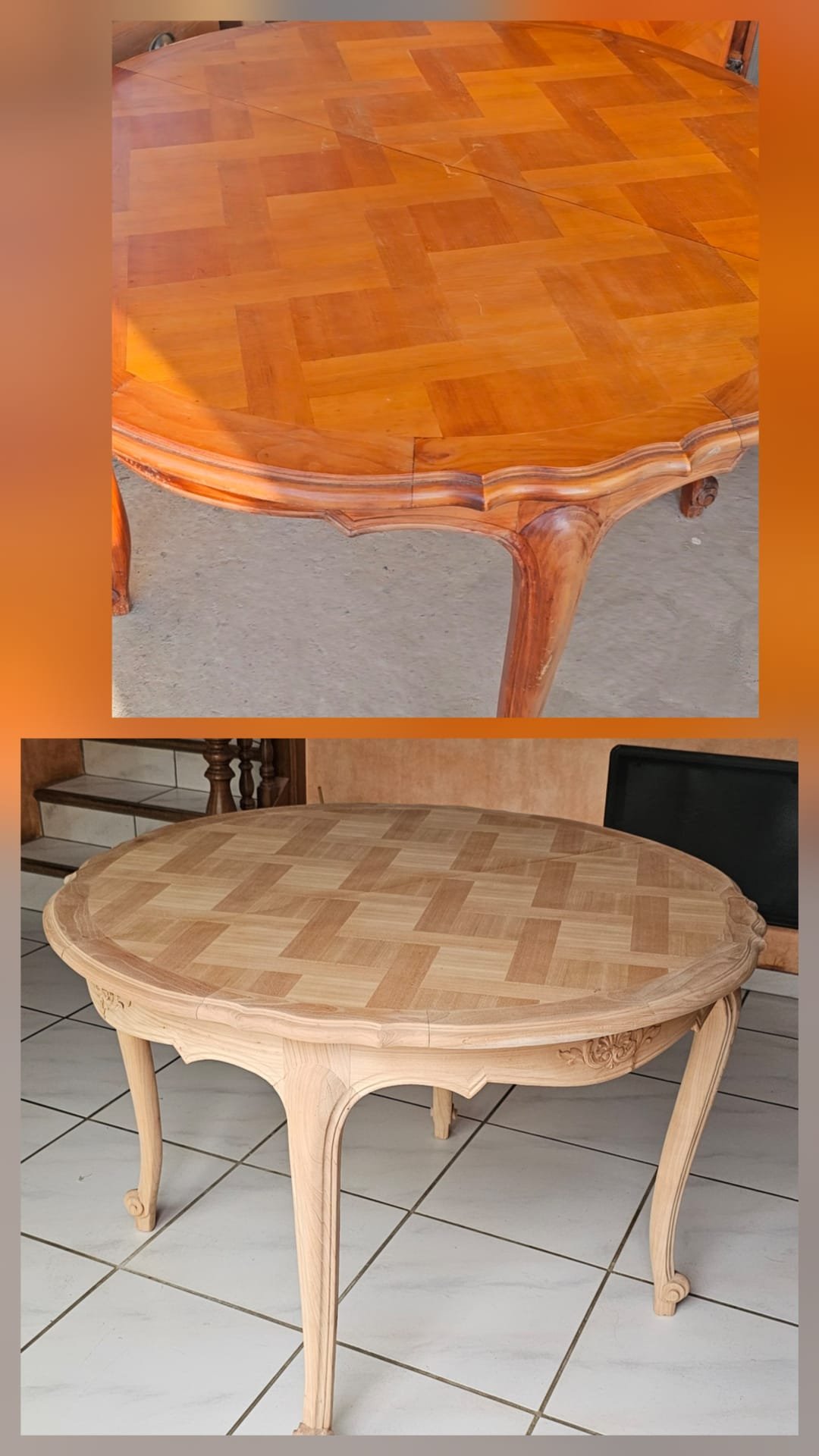 Deux tables rondes en bois, la première plus foncée avec un motif de parquet en carré, la seconde plus claire avec un motif de parquet en damier, toutes deux avec des jambes courbées et sculptées.