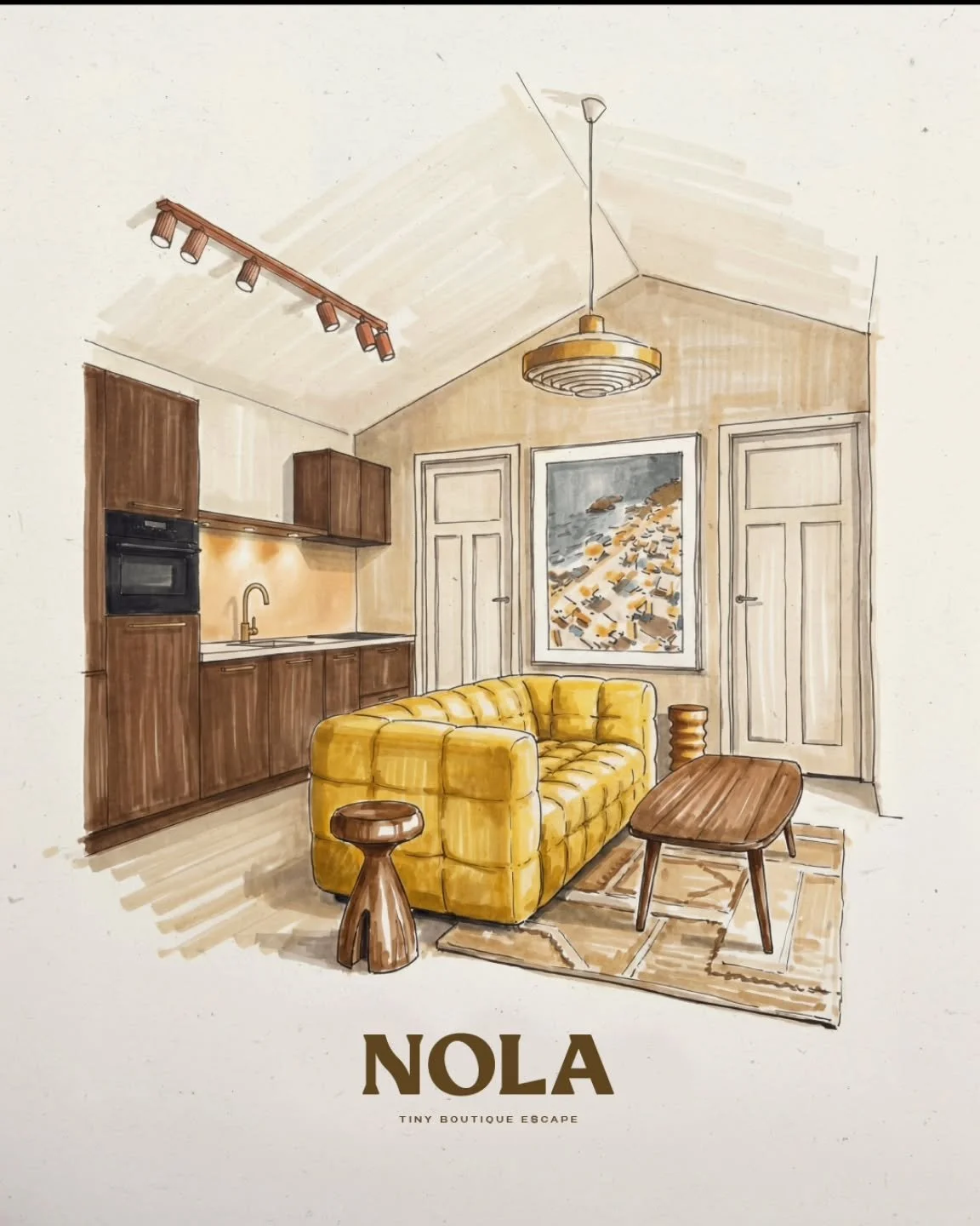 Dit wordt de plek waar je blijft hangen.

Warme materialen, rustige tinten en mid-century gevoel.
We schuiven, meten, twijfelen, kiezen opnieuw.
Tot het klopt.

Nu nog een schets op papier, maar straks in het echt.
En dan kun jij hier gewoon je koffi