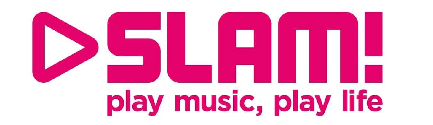 Pink logo with a play button symbol and the text 'SLAM! play music, play life' in bold.
