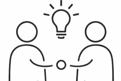 Two people shaking hands with a light bulb above them, symbolizing an idea or collaboration.
