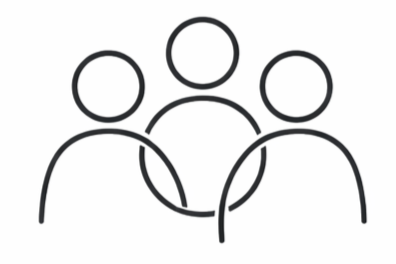Line drawing of three faceless people connected by a circular diagram at the bottom, symbolizing a team or collaboration.