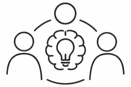 Three people around a light bulb icon indicating a discussion or idea sharing.