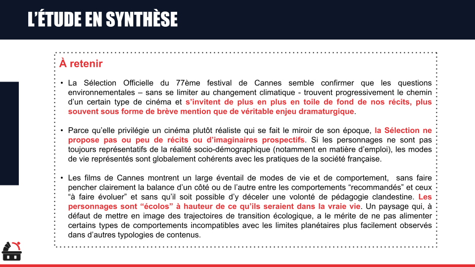 Page d'article en français sur l'étude en synthèse dans le contexte du cinéma, mentionnant le 77ème festival de Cannes, le choix de films réalistes, et la représentation des personnages comme étant écologiques dans la vie réelle.
