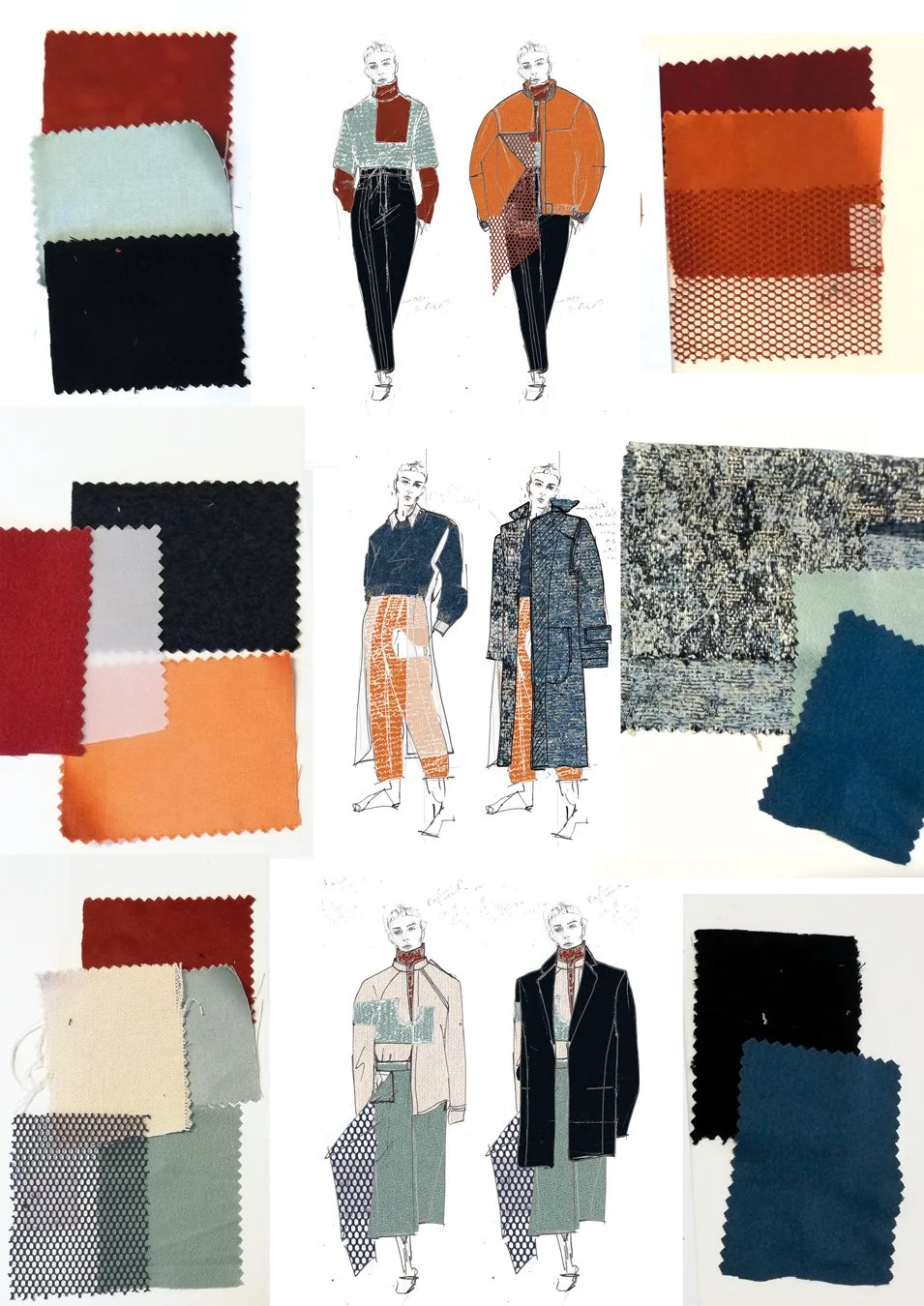 Skizzen von Modedesign-Entwürfen und Stoffmustern für verschiedene Outfits, einschließlich Farbfächer und Textilmuster.