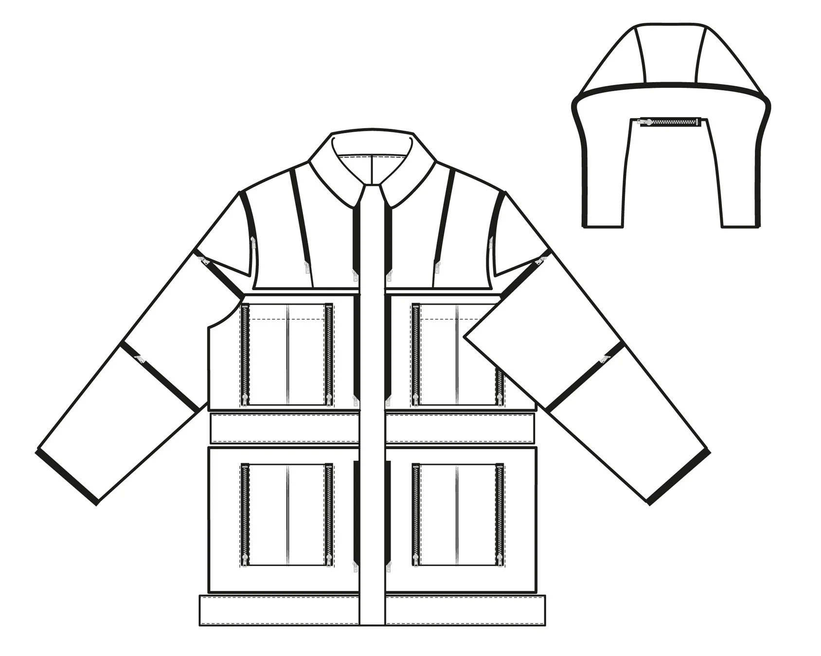 Technische Teichnung eines Parkas mit mehreren Taschen, Reißverschlüssen und einem klassischen Kragen, mit abnehmbarer Kaputze.