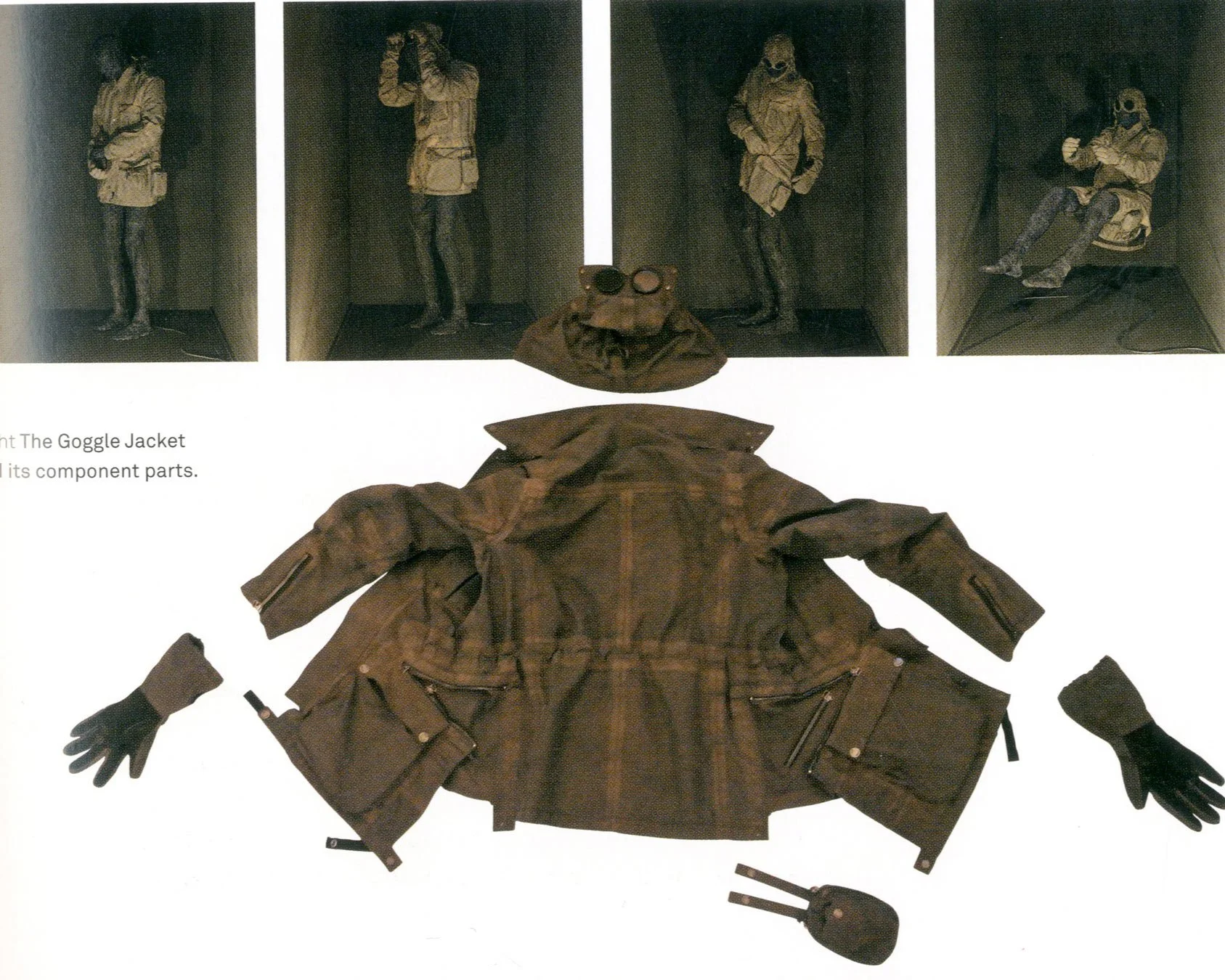 Ein zerlegte braune Goggle-Jacke mit schwarzen Handschuhen und einer schwarzen Maske, im Hintergrund vier Fotos von einer Person in der Jacke, die verschiedene Posen einnimmt.