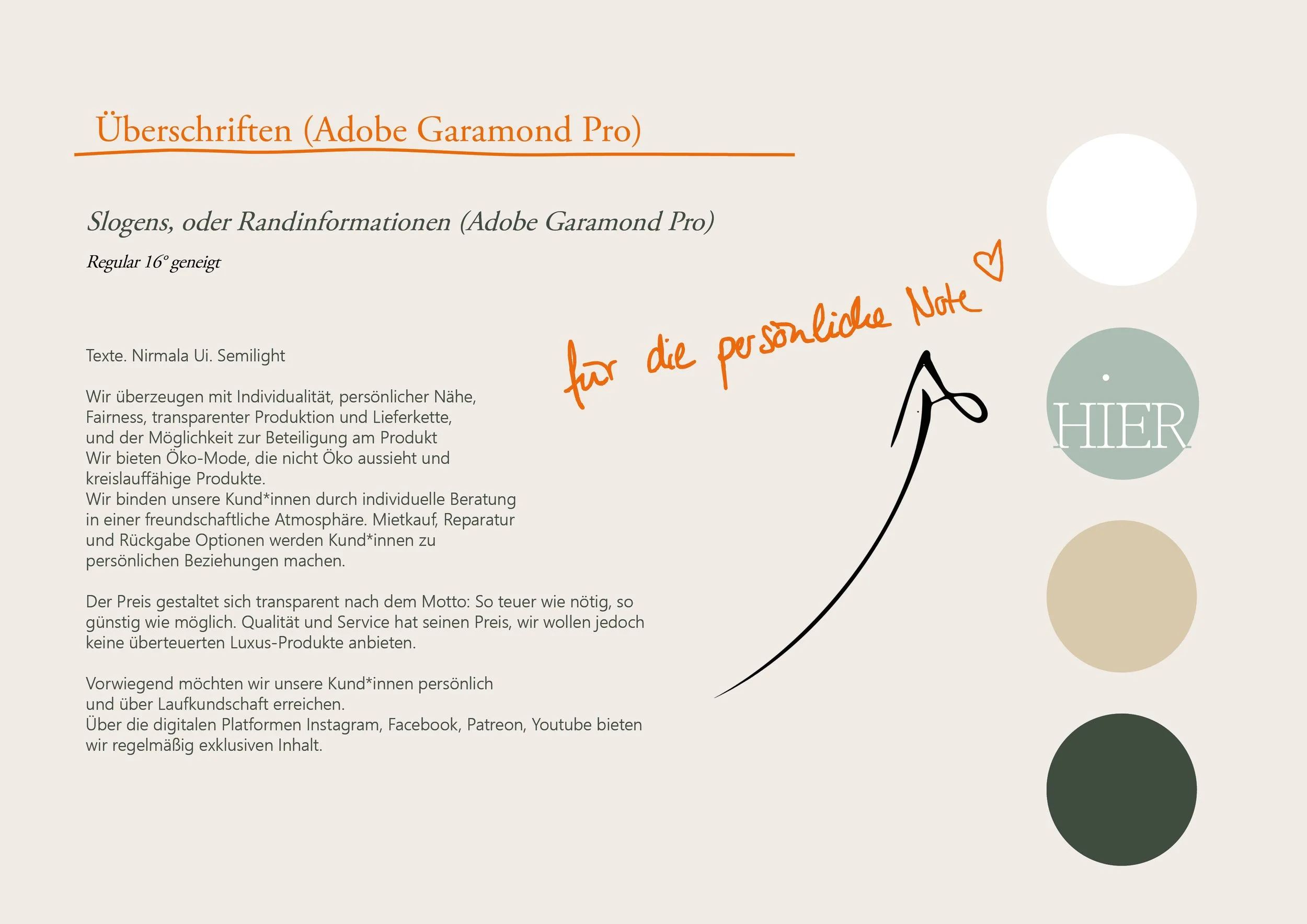 Ein gestalterisches Dokument welches das Corporate Design in Schriftarten und Farben von studio.HIER darstellt.