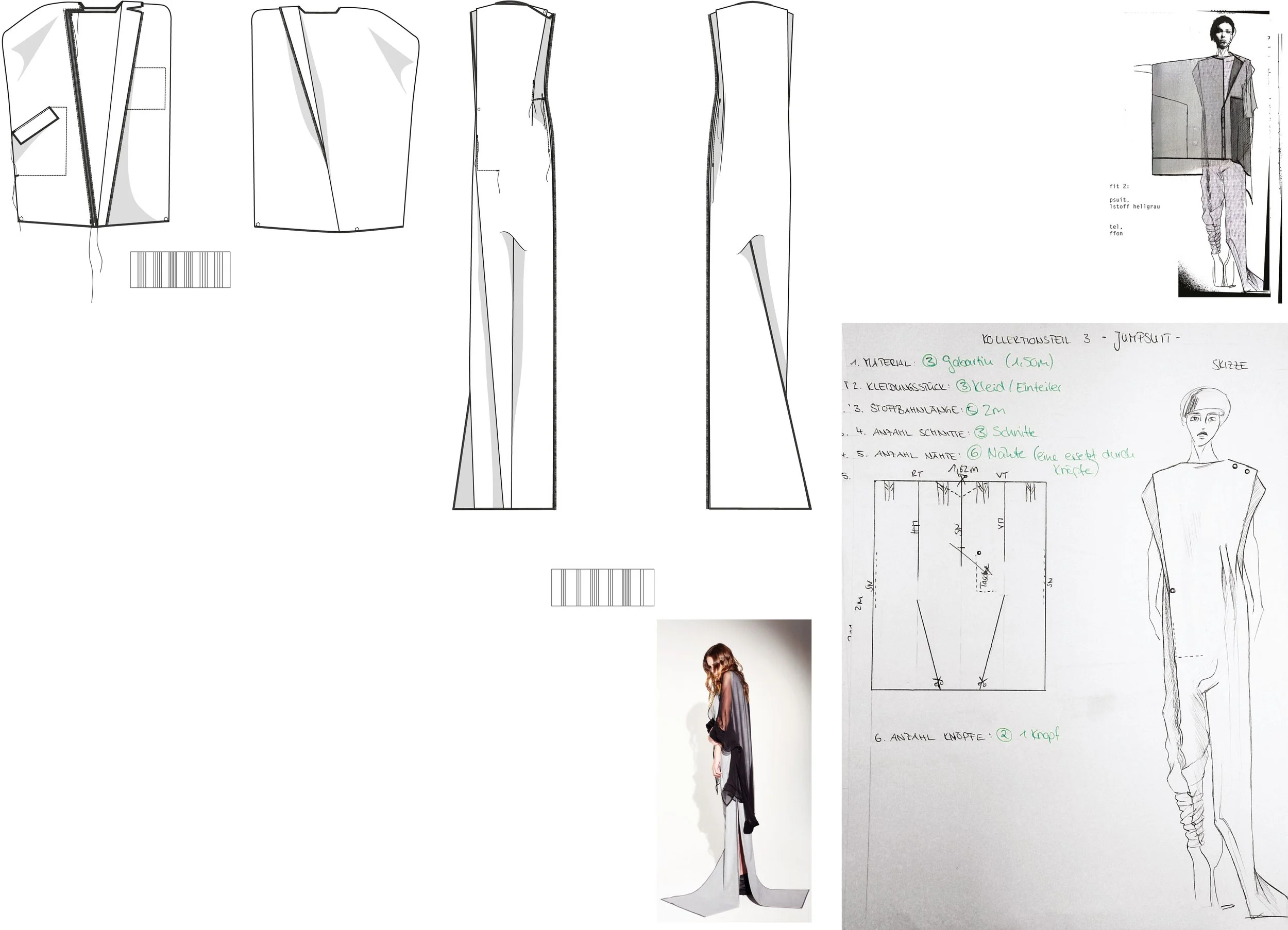 Skizzen und technische Zeichnungen eines Modekonstrukteurs, inklusive Schnittmustern, Materialangaben und Designskizzen eines langen Jumpsuits, ergänzt durch Fotos von Modellen, die die Kleidung tragen.