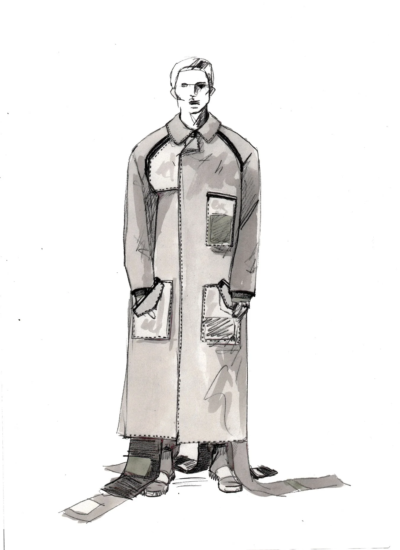 Aquarell-Skizze einer Person in einem langen grauen Mantel mit großen Taschen, kurze Haare, steht auf einem weißen Hintergrund.