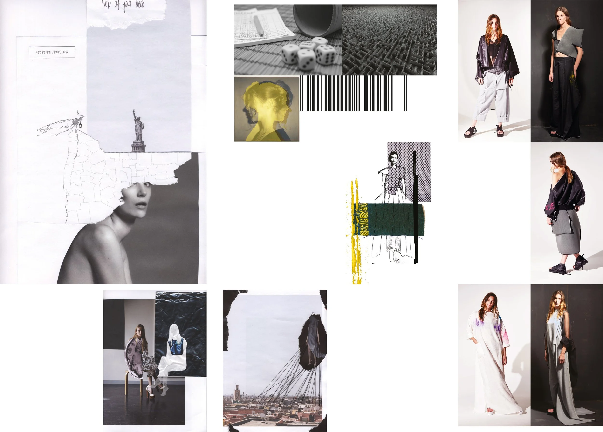 Line-Up der Kollektion 'the Map of my Head' kombiniert mit Collagen und Bildern zum Kollektionsthema.