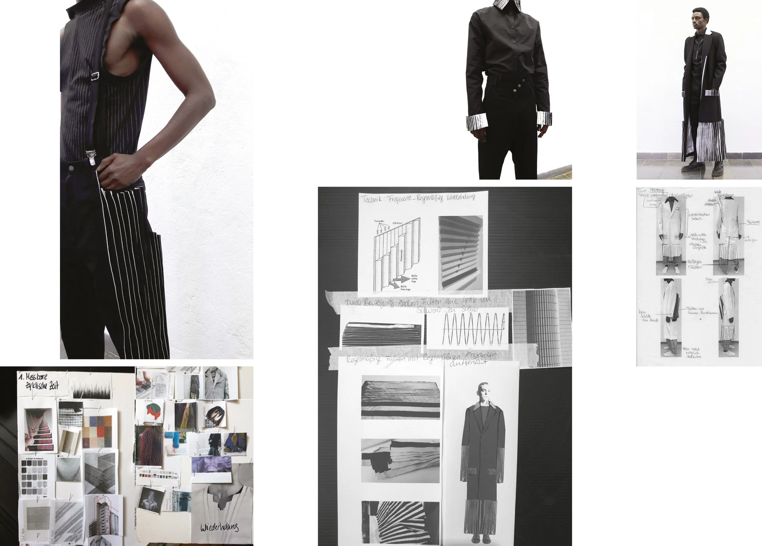 Collage zum Designprinzip, Skizzen und Modellen, die Mode und Textildesign darstellen, einschließlich schwarzer Kleidung mit Faltendetails, technische und Inspirationen für Textilmuster für die Kollektion 'frequenz'