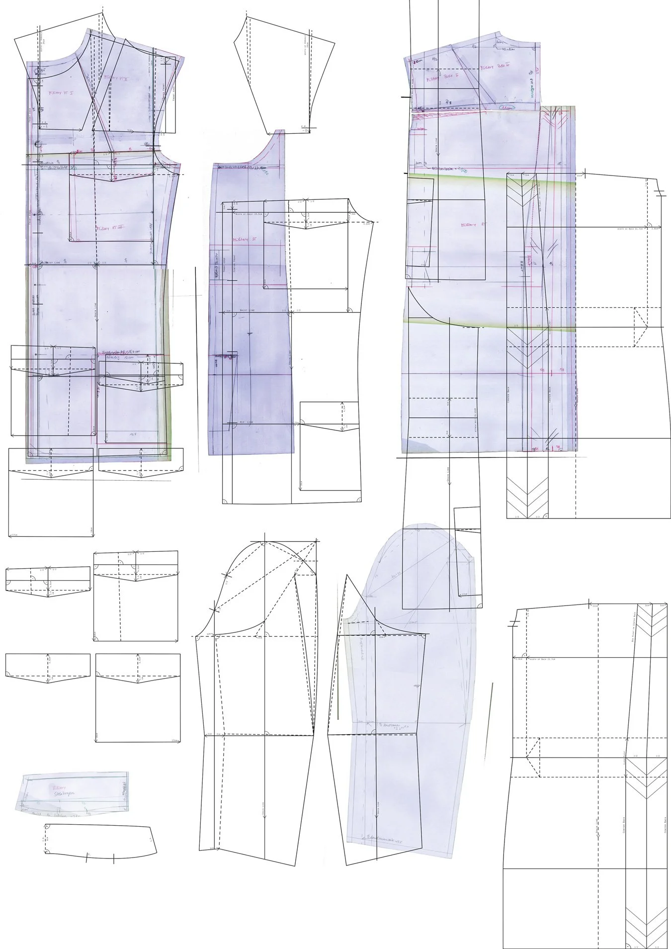 Schnittmuster -Collage für ein Sakko bestehend aus dem Scan des original handgezeichneten Papierschnittmusters und digital nachgezeichneter Konstruktion.
