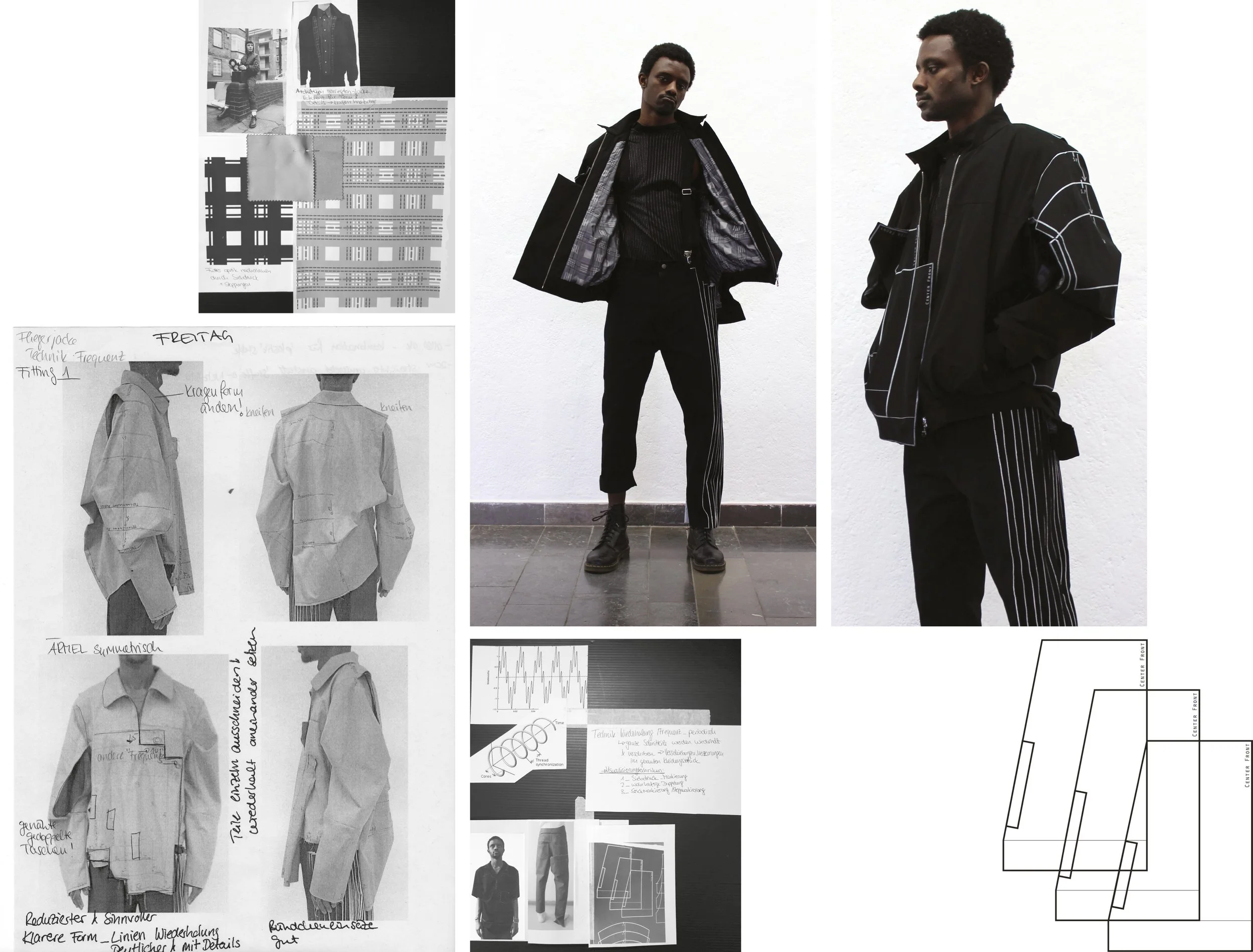 Kollage aus Modellzeichnungen, Fotos eines Models in schwarzen Streetwear-Outfits mit gestreiften Hosen, technische Skizzen und Charakterzeichnungen von Kleidung.
