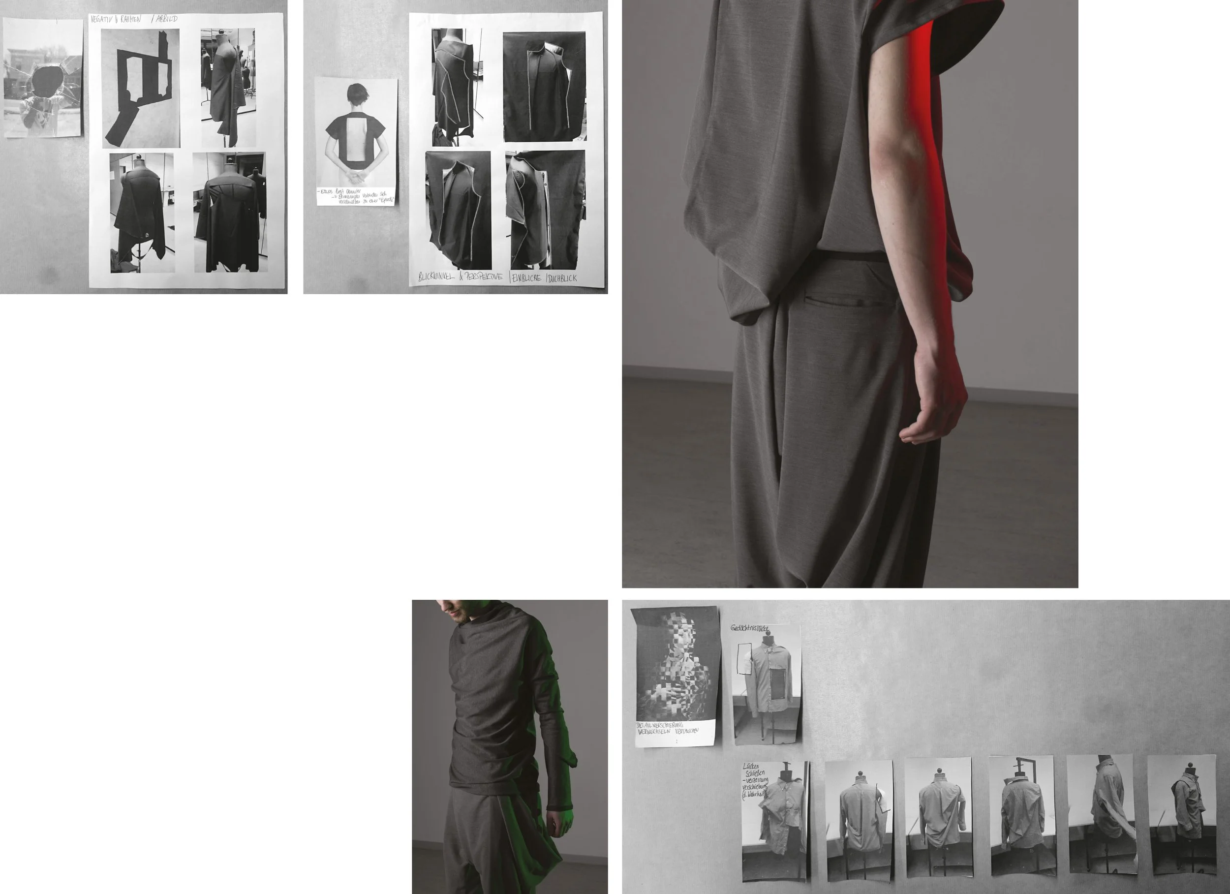 Collage zu Design-Experimenten der Kollektion 'mnemosyne' mit Detailaufnahme des finalen Jumpsuits.