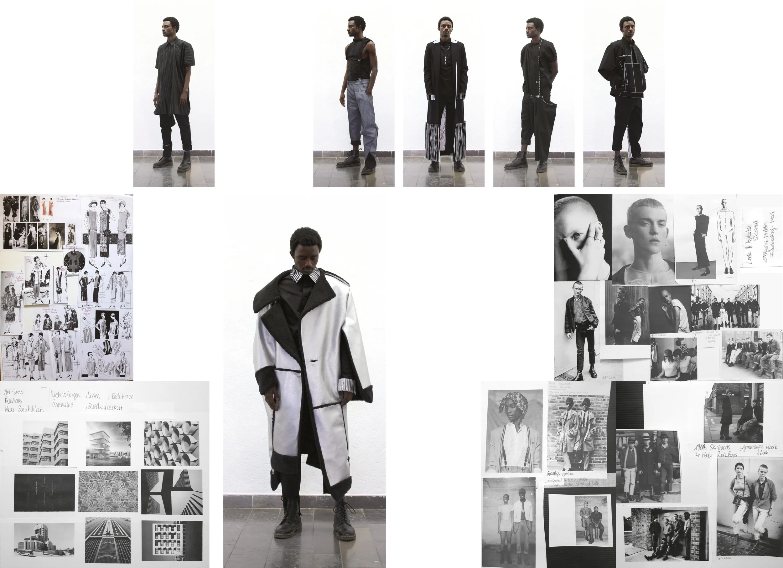 Look Übersicht mit mehreren Modellen in schwarz-silber Outfits, kombiniert mit Moodboards und Skizzen zum Thema der Kollektion 'Frequenz'.