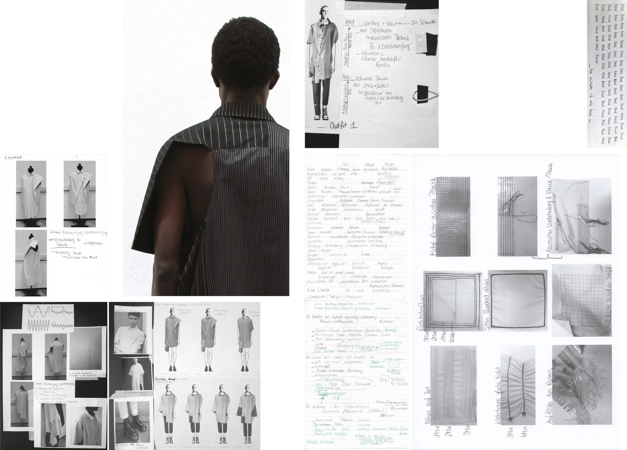 Fotocollage mit mehreren Skizzen, Fotos und Texten zum Modedesign und einer Person, die ein schwarzes Hemd mit silbernen Nähten trägt, die von hinten zu sehen ist.