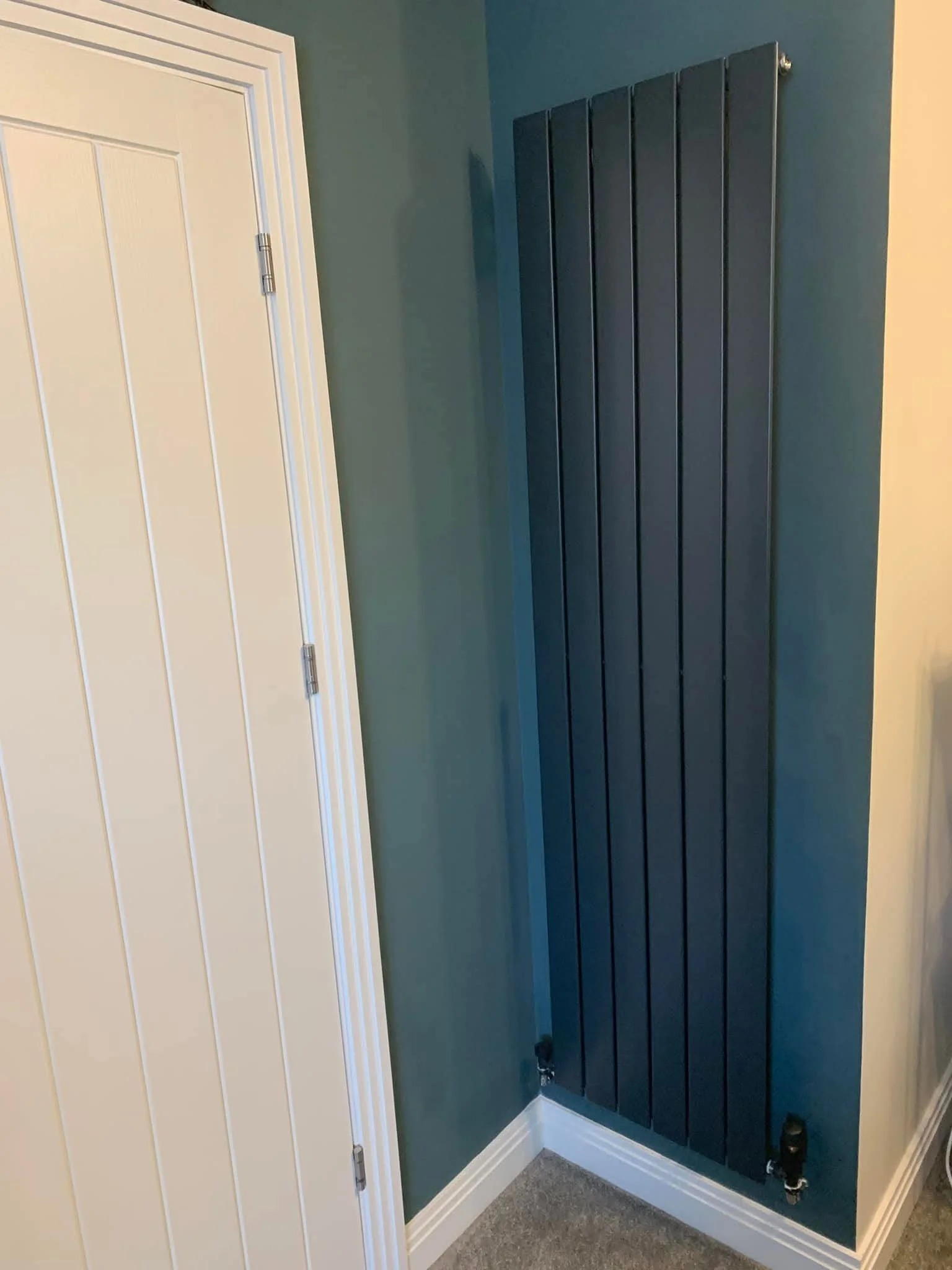 A vertical black radiator mounted on a teal wall in a room with white door and trim, and gray carpet.